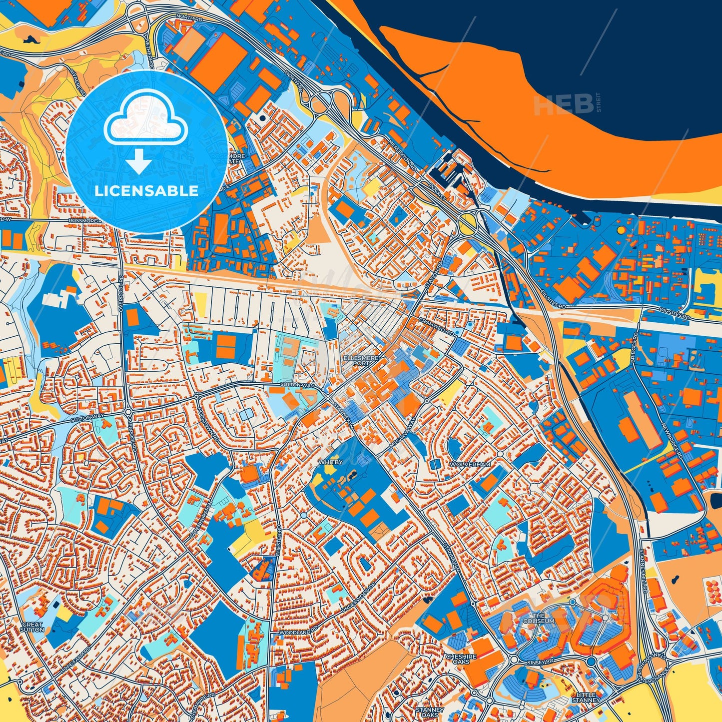 Colorful Ellesmere Port Street Map with Labels and Buildings