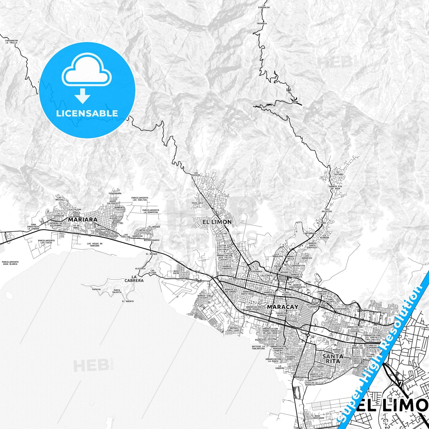 El Limon, Venezuela light map with streetnames, citynames and districts