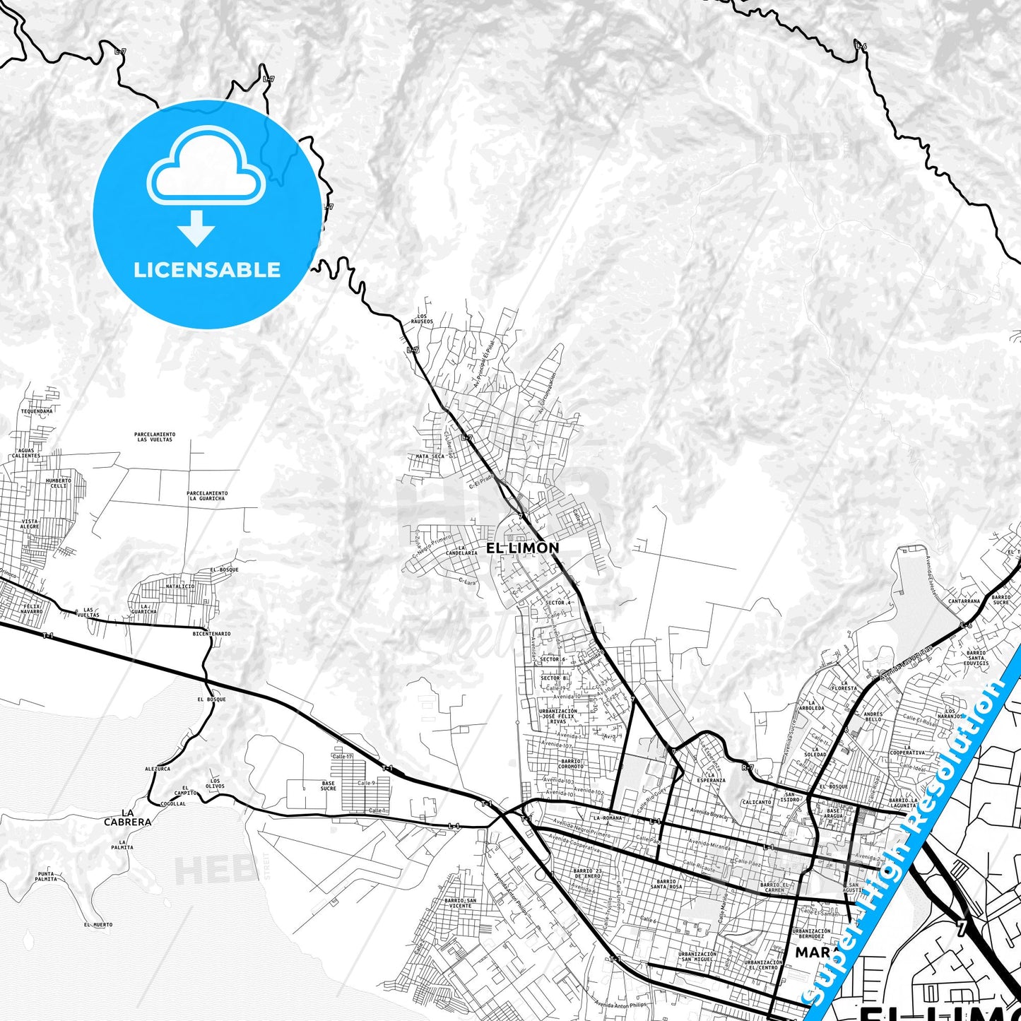 El Limon, Venezuela Light Map with Street Names, City Names, and Districts