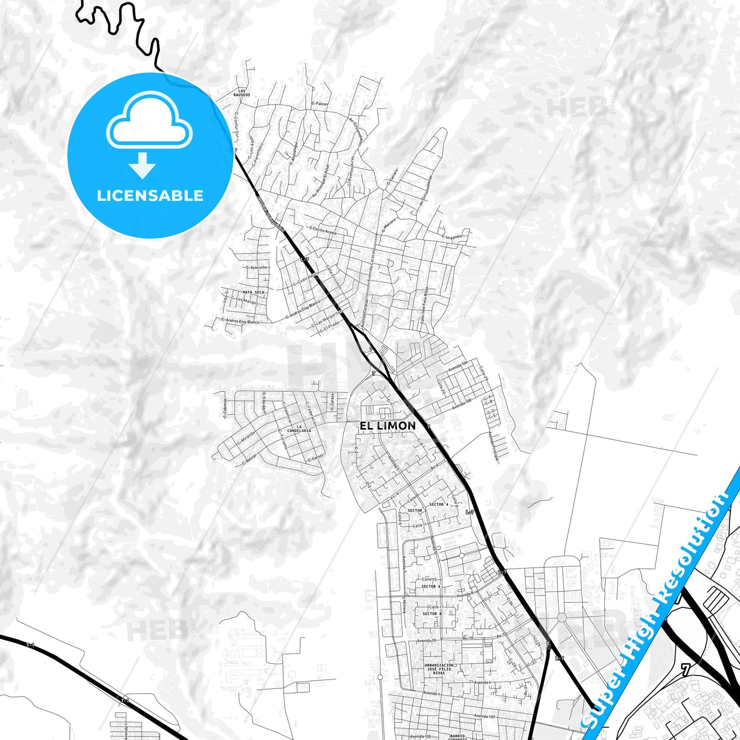 El Limon, Venezuela Light Map with Street Names, City Names, and Districts