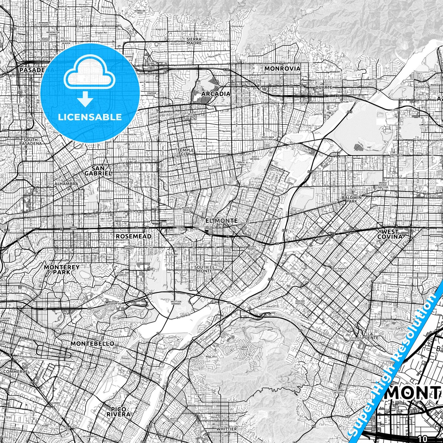 El Monte, California light map with streetnames, citynames and districts
