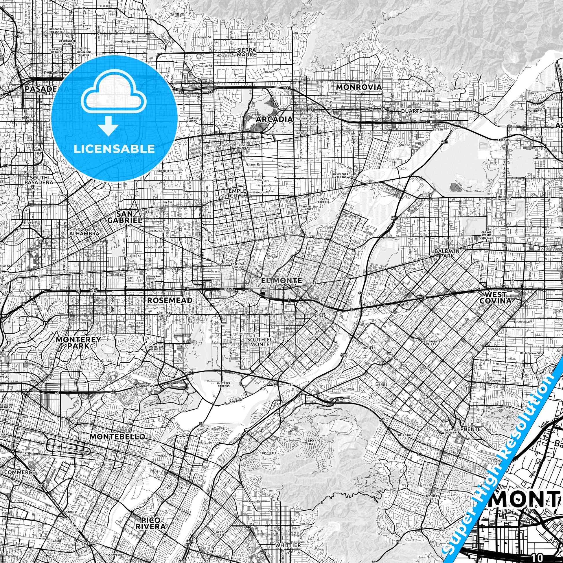 El Monte, California light map with streetnames, citynames and districts
