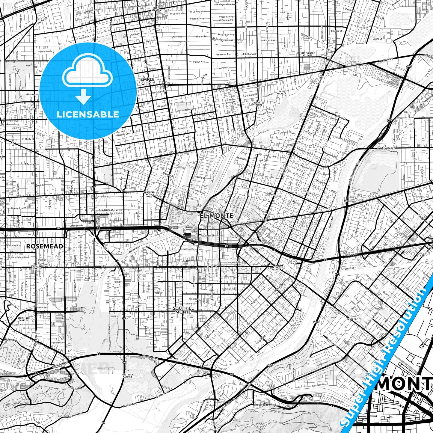 El Monte, California Light Map with Street Names, City Names, and Districts