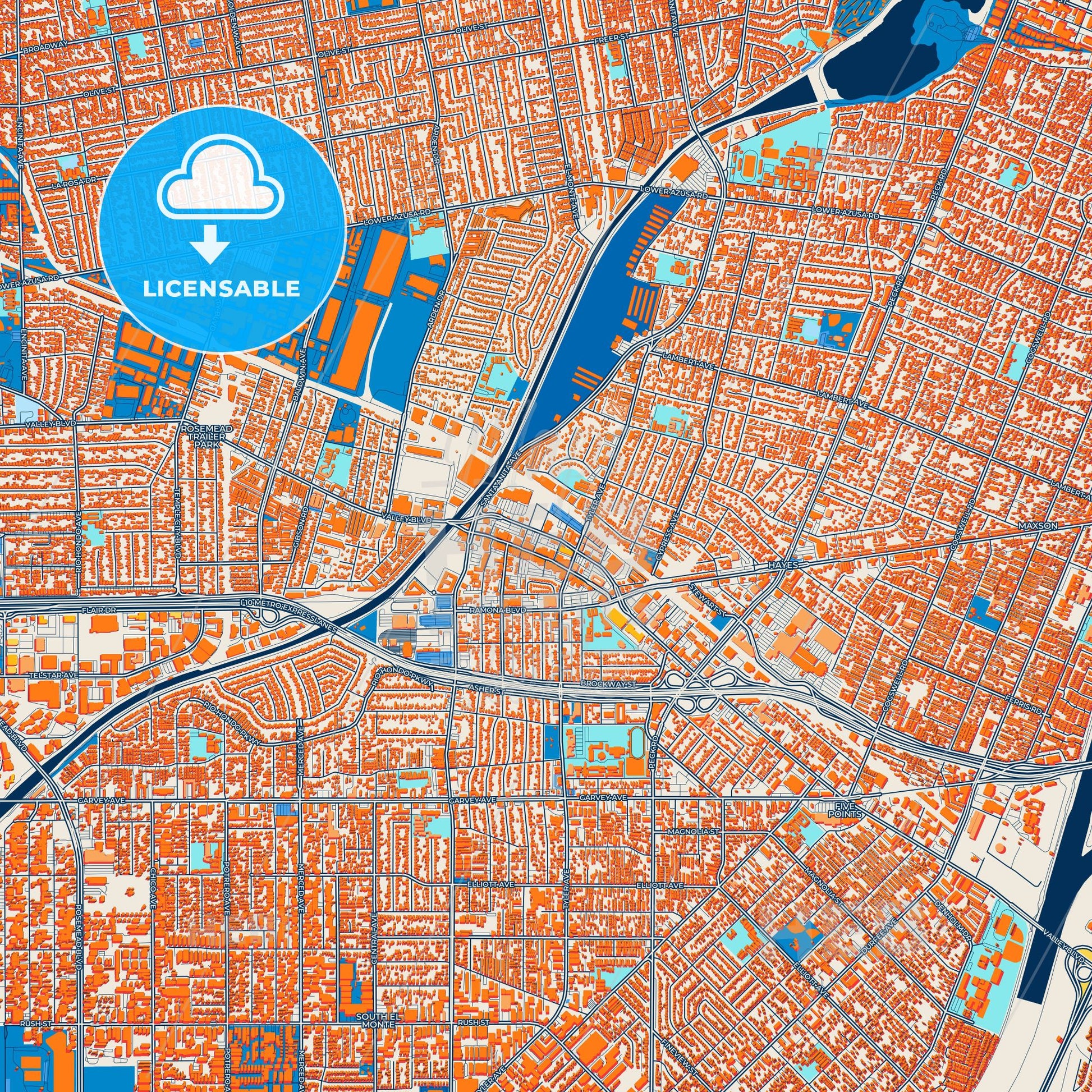Colorful El Monte Street Map with Labels and Buildings