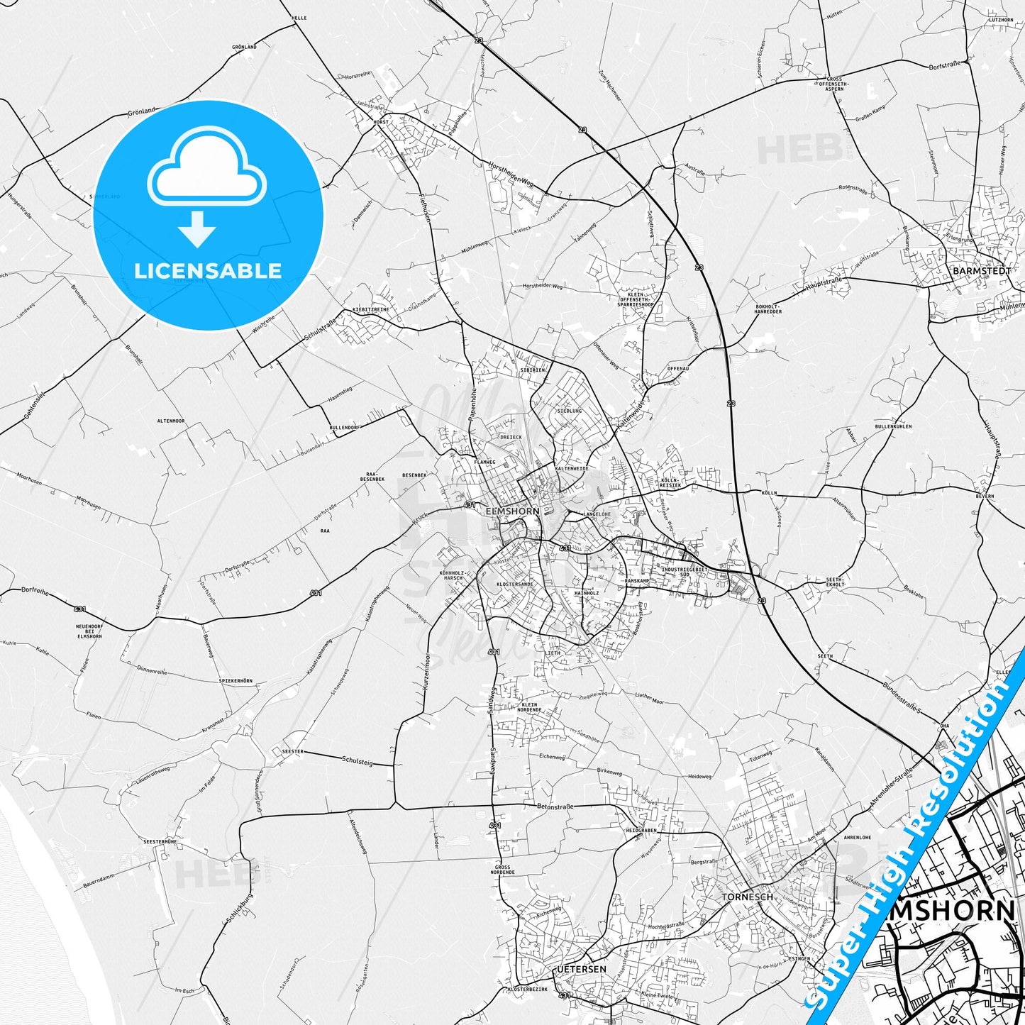 Elmshorn, Germany light map with streetnames, citynames and districts