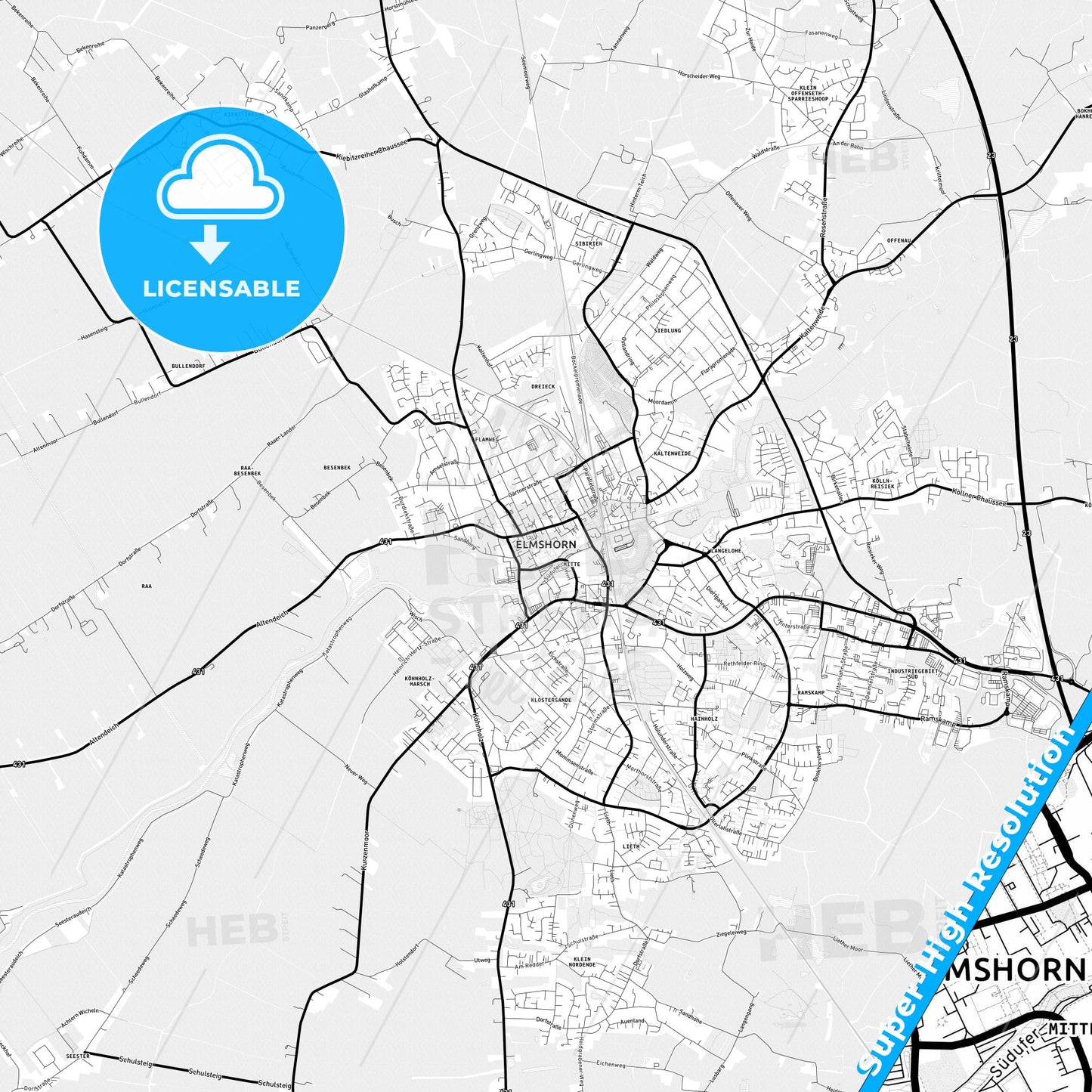 Elmshorn, Germany Light Map with Street Names, City Names, and Districts