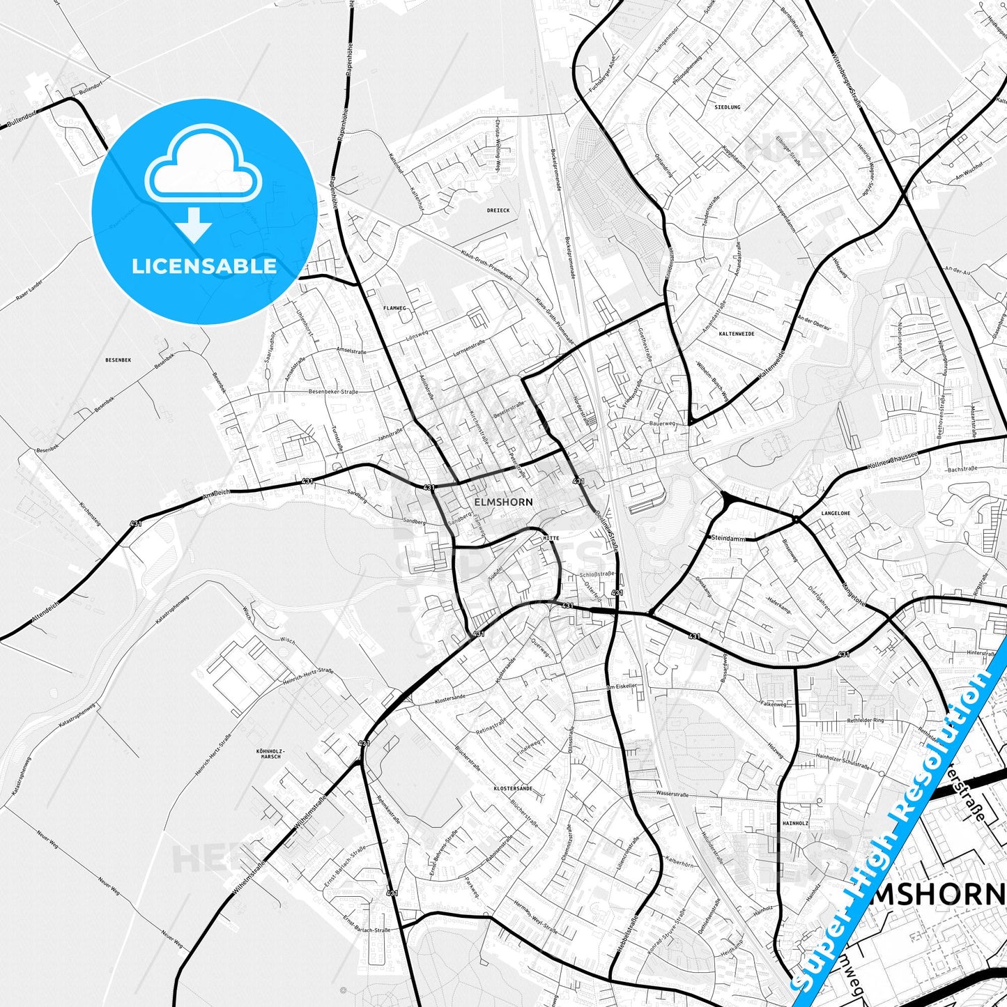 Elmshorn, Germany Light Map with Street Names, City Names, and Districts