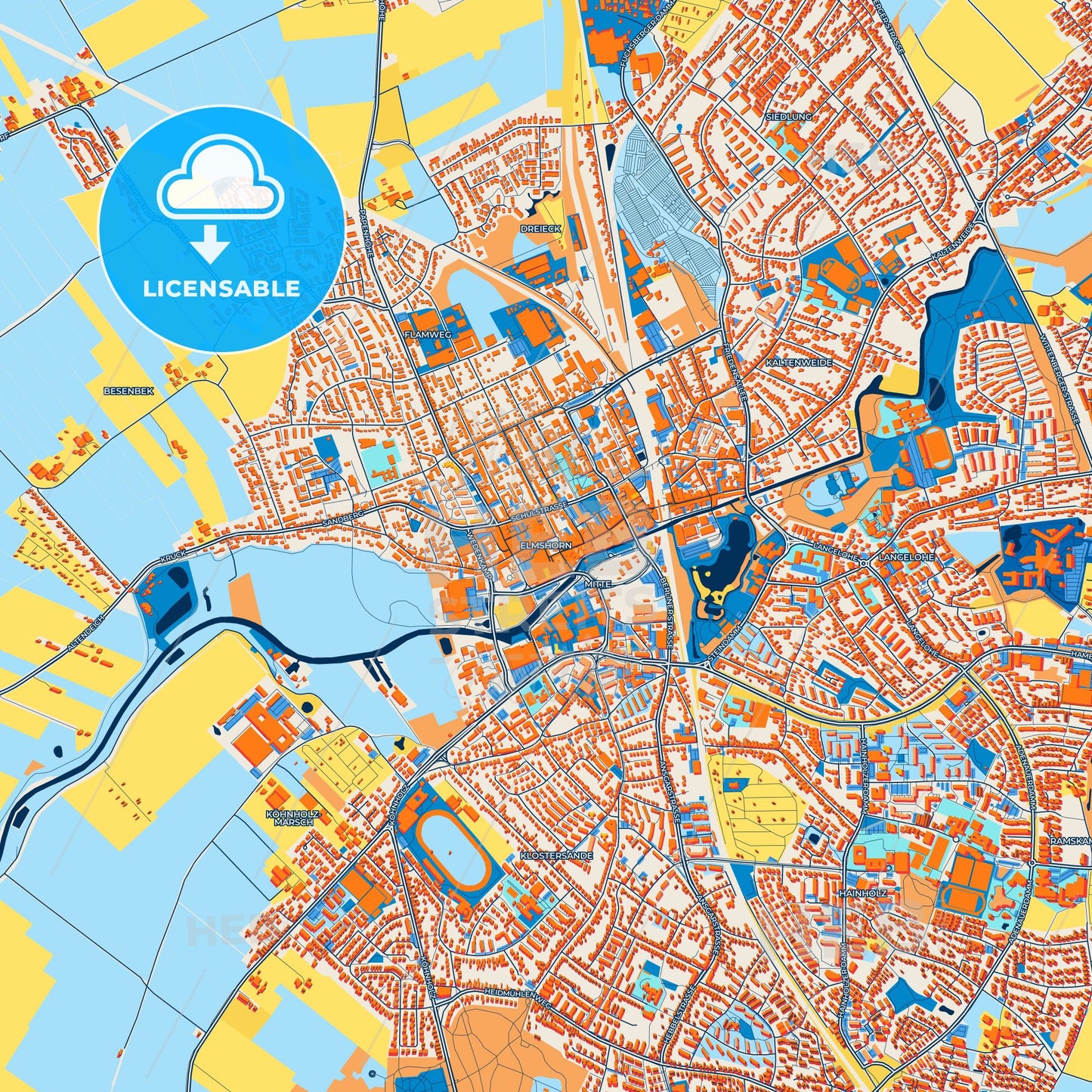 Colorful Elmshorn Street Map with Labels and Buildings
