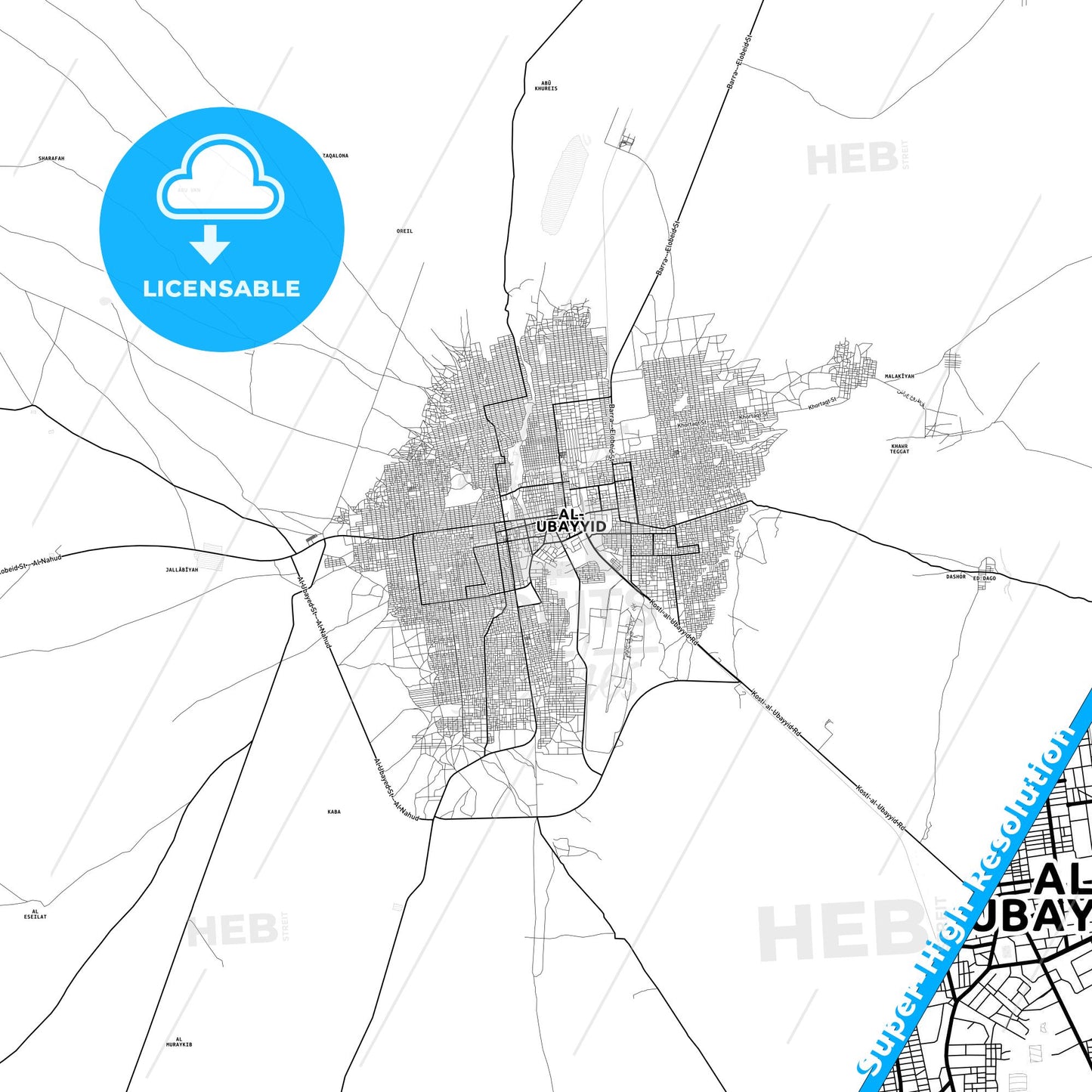 El Obeid, Sudan light map with streetnames, citynames and districts
