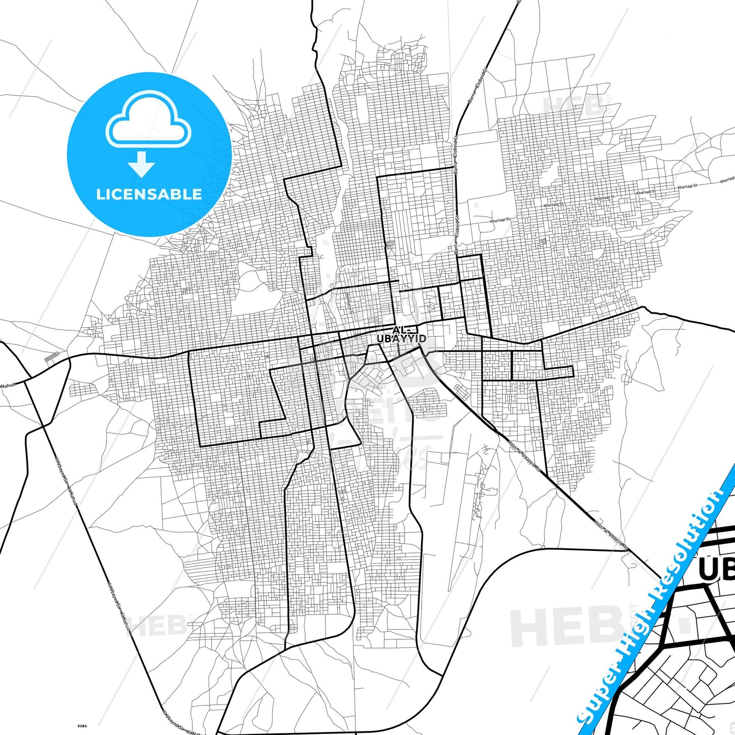 El Obeid, Sudan Light Map with Street Names, City Names, and Districts