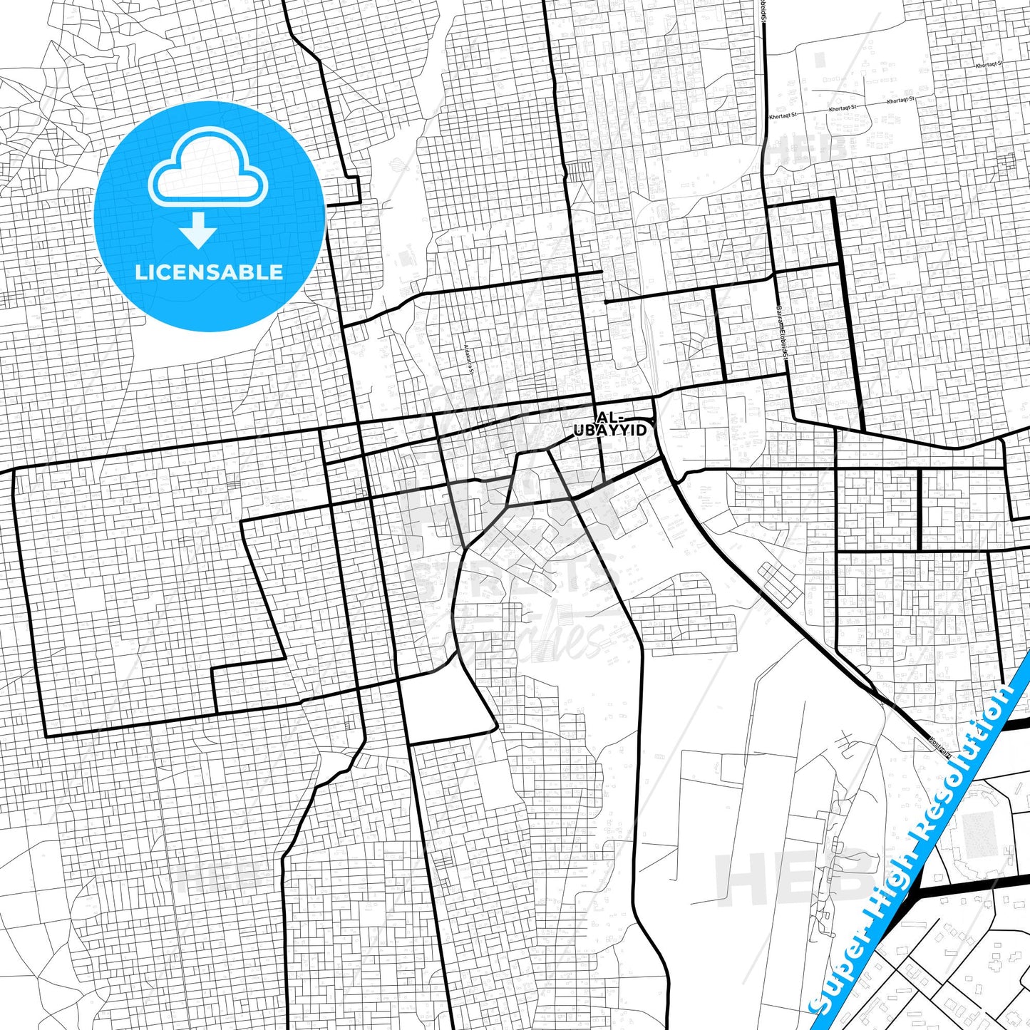 El Obeid, Sudan Light Map with Street Names, City Names, and Districts
