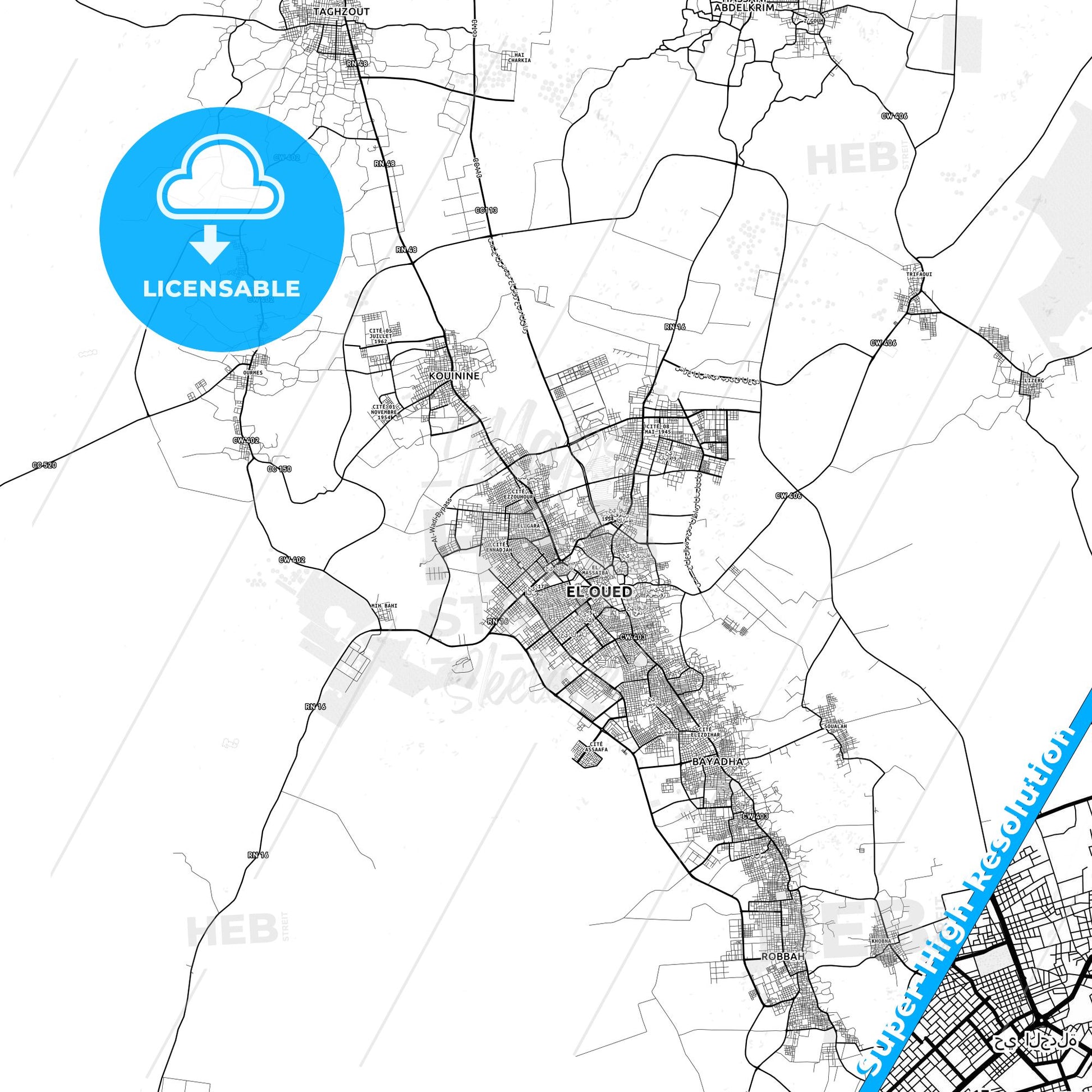 El Oued, Algeria light map with streetnames, citynames and districts