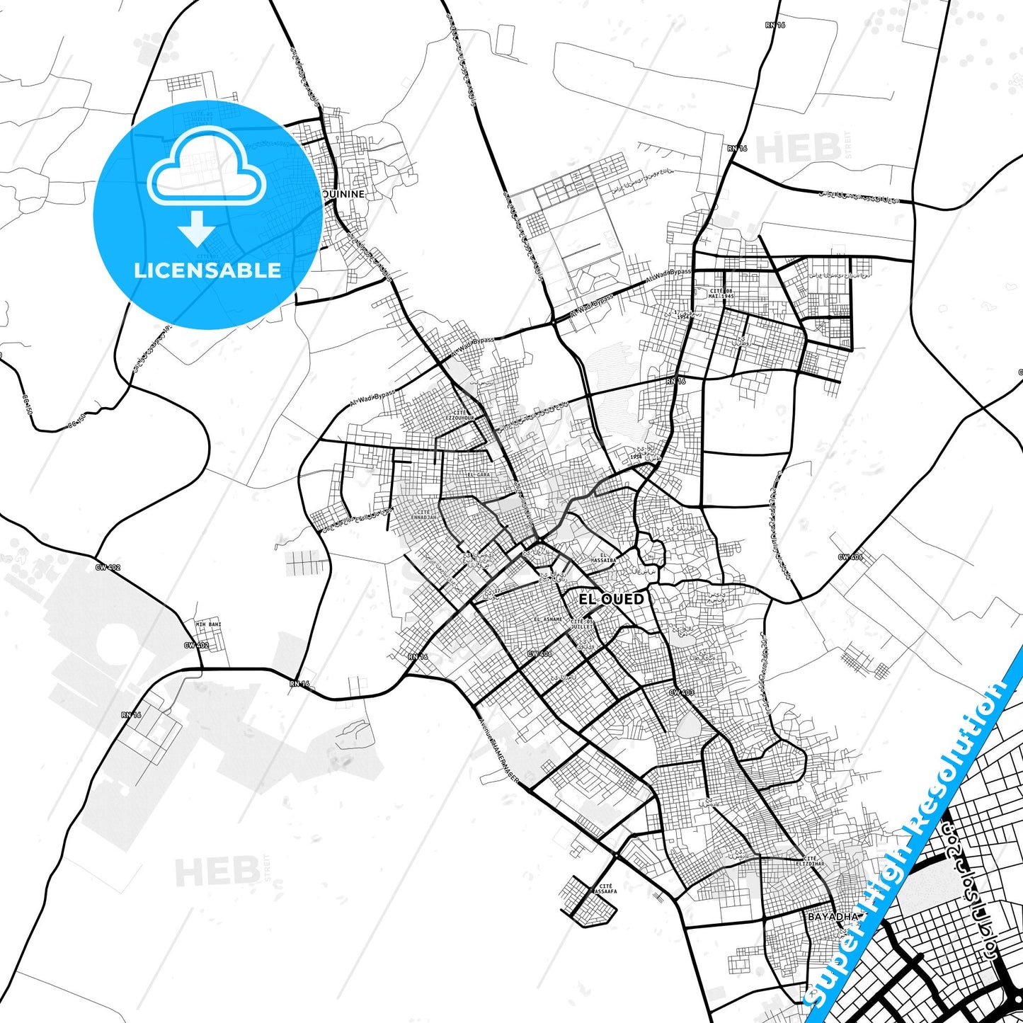 El Oued, Algeria Light Map with Street Names, City Names, and Districts