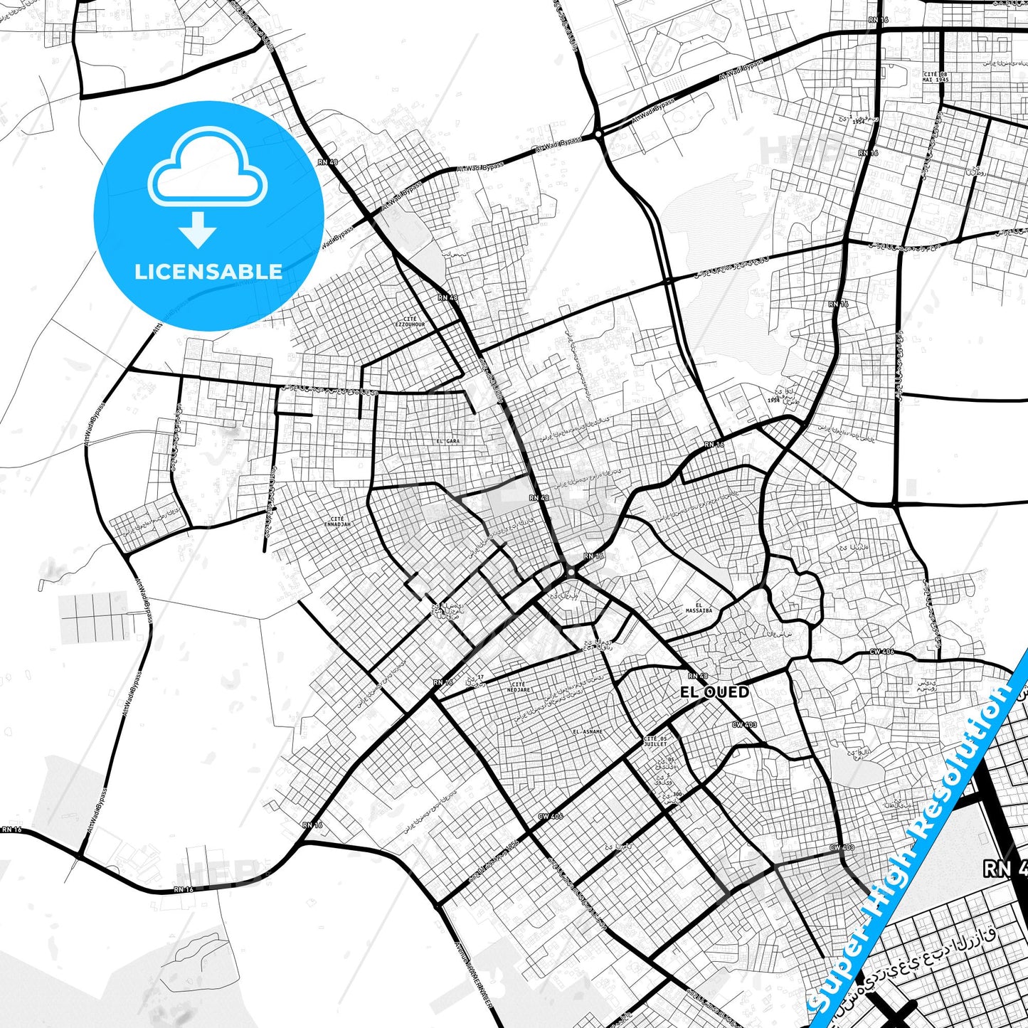 El Oued, Algeria Light Map with Street Names, City Names, and Districts