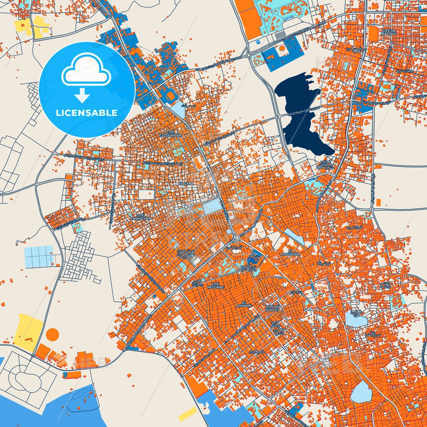 Colorful El Oued Street Map with Labels and Buildings