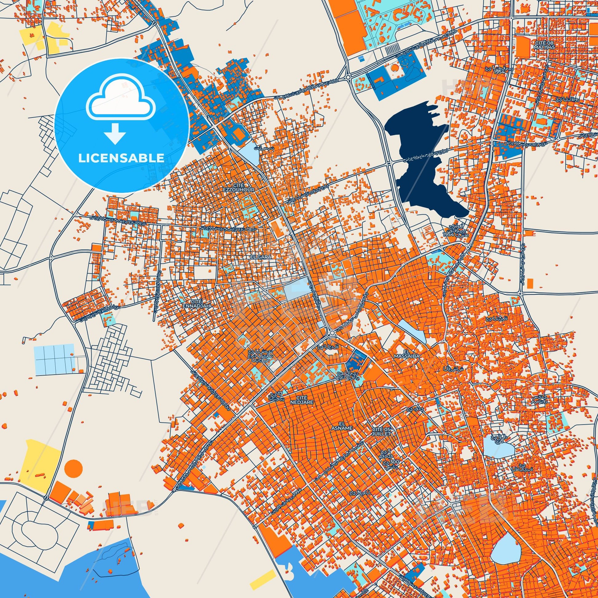 Colorful El Oued Street Map with Labels and Buildings