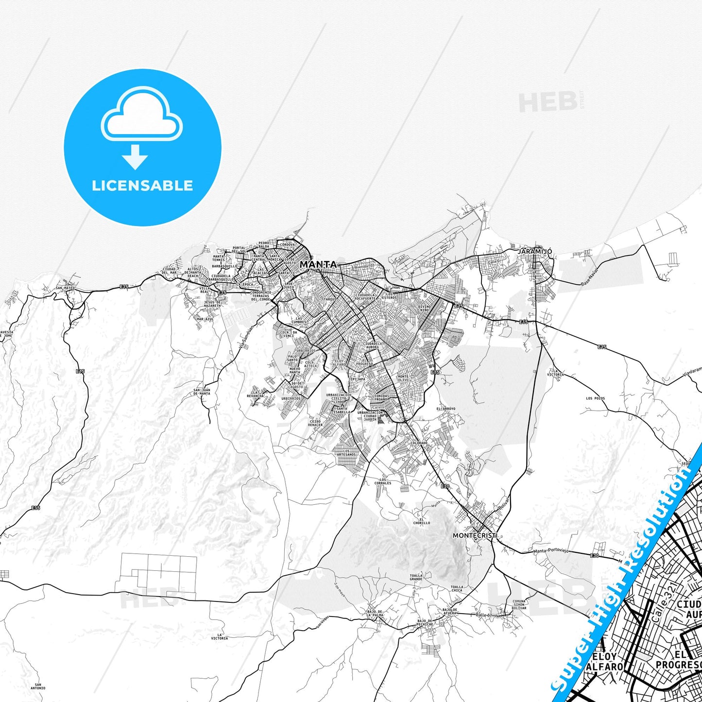 Eloy Alfaro, Ecuador light map with streetnames, citynames and districts
