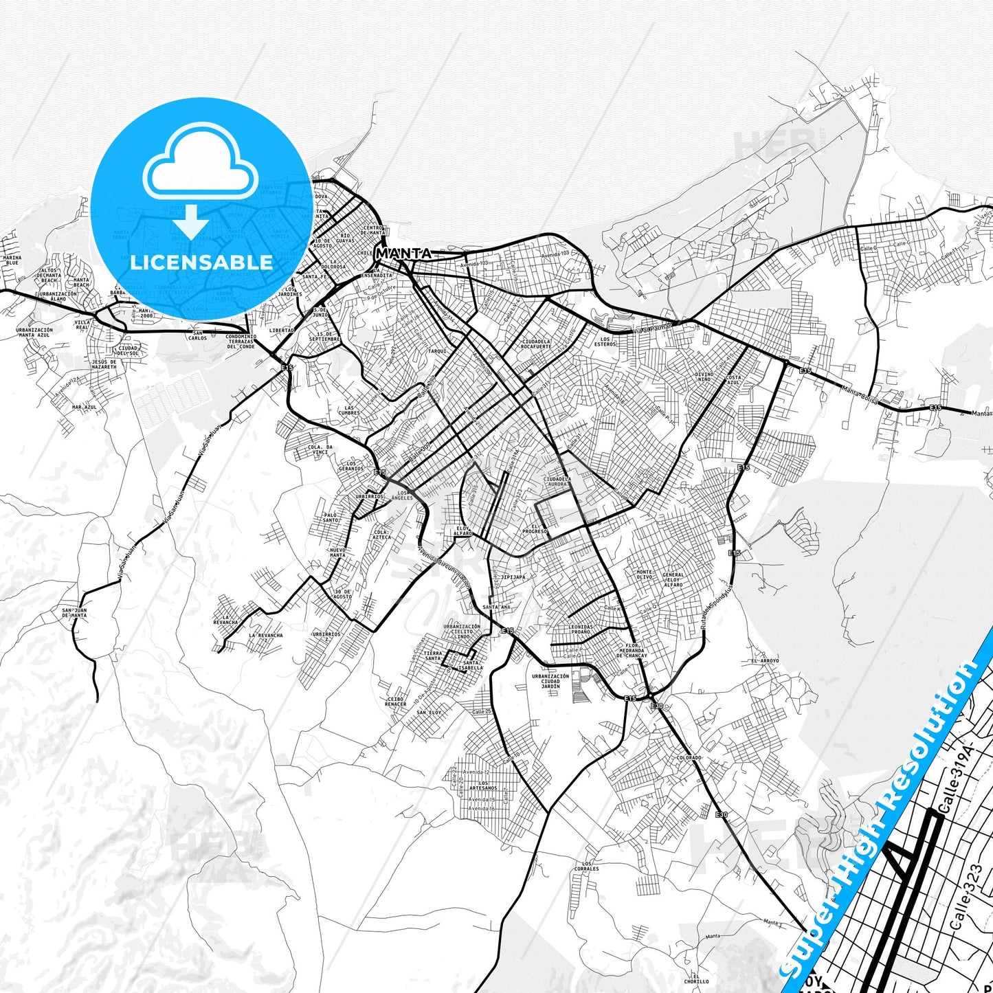 Eloy Alfaro, Ecuador Light Map with Street Names, City Names, and Districts