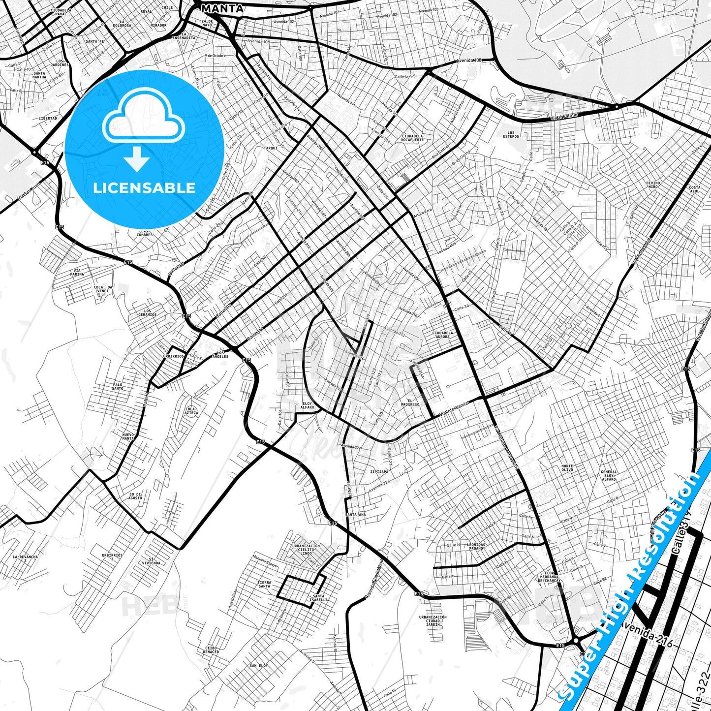 Eloy Alfaro, Ecuador Light Map with Street Names, City Names, and Districts
