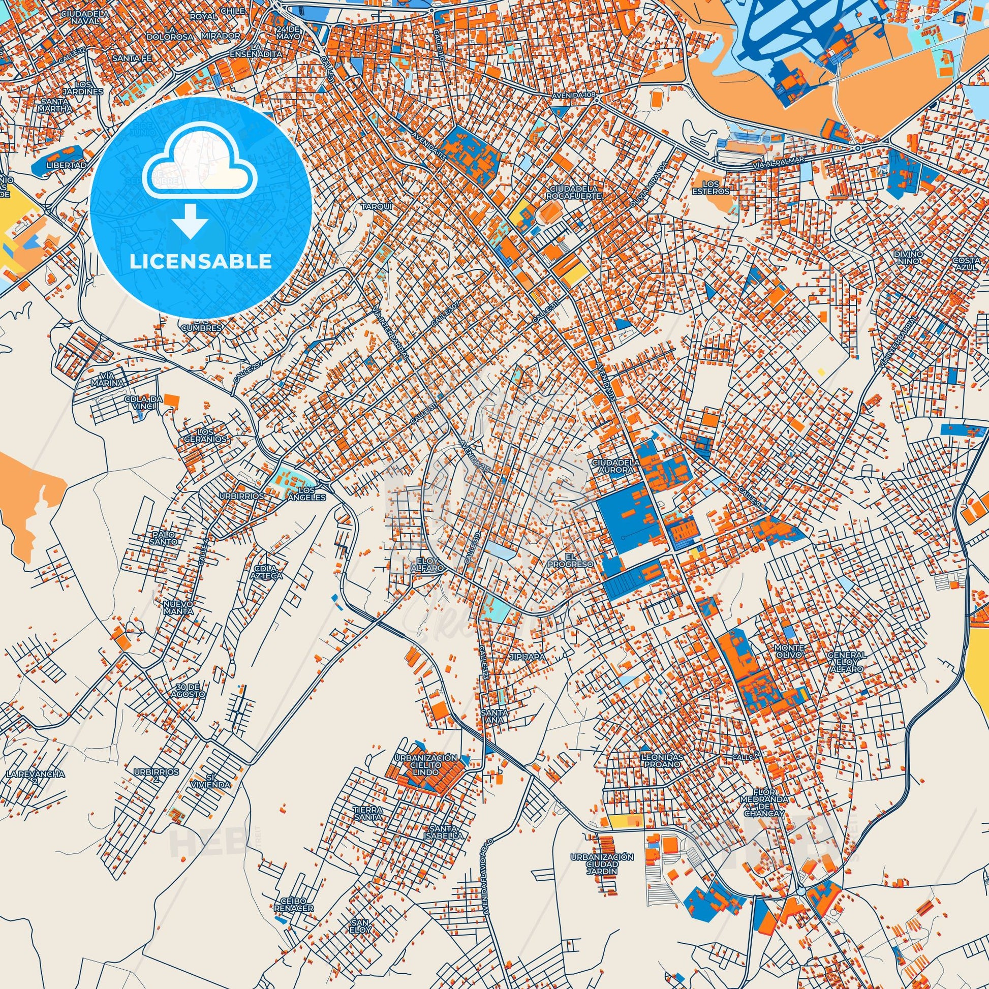 Colorful Eloy Alfaro Street Map with Labels and Buildings