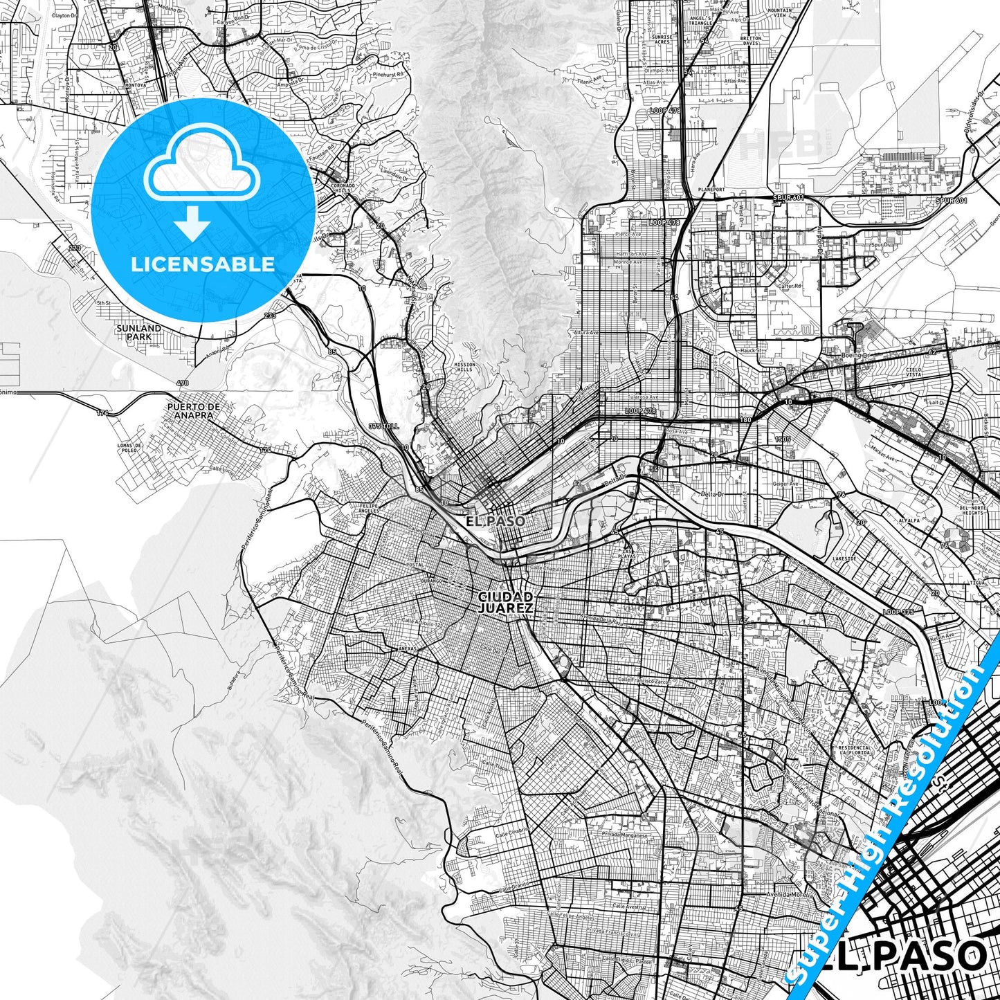 El Paso, Texas light map with streetnames, citynames and districts