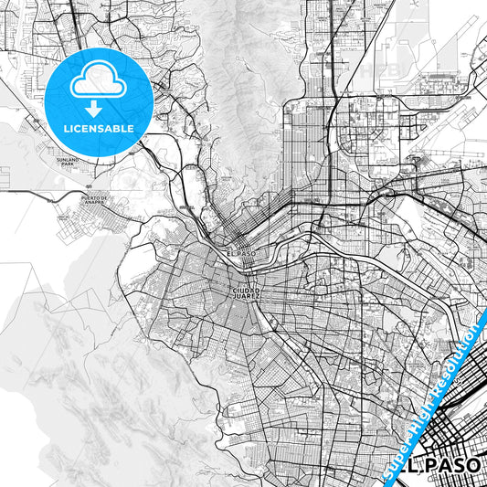 El Paso, Texas light map with streetnames, citynames and districts