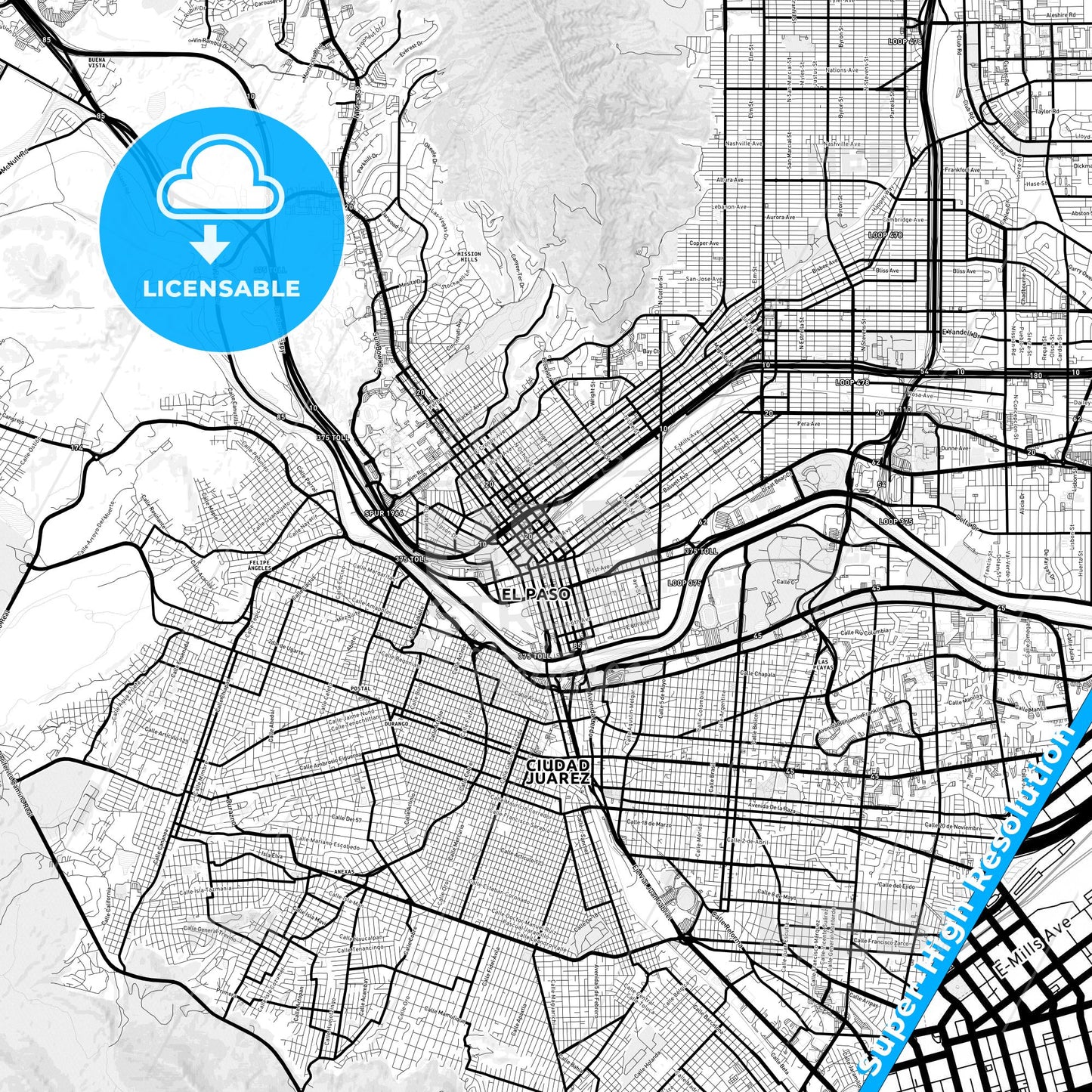 El Paso, Texas Light Map with Street Names, City Names, and Districts