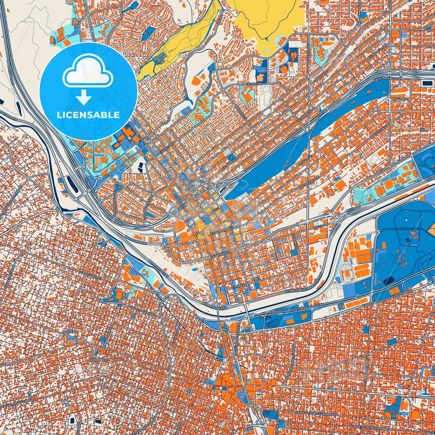 Colorful El Paso Street Map with Labels and Buildings