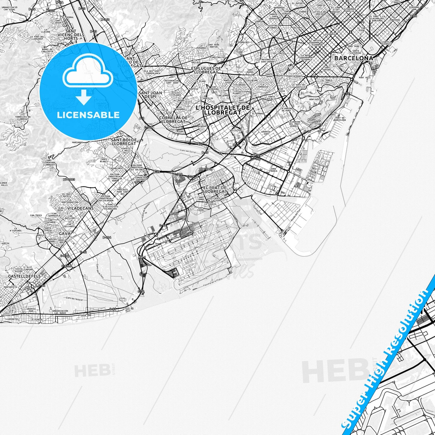 El Prat de Llobregat, Spain light map with streetnames, citynames and districts
