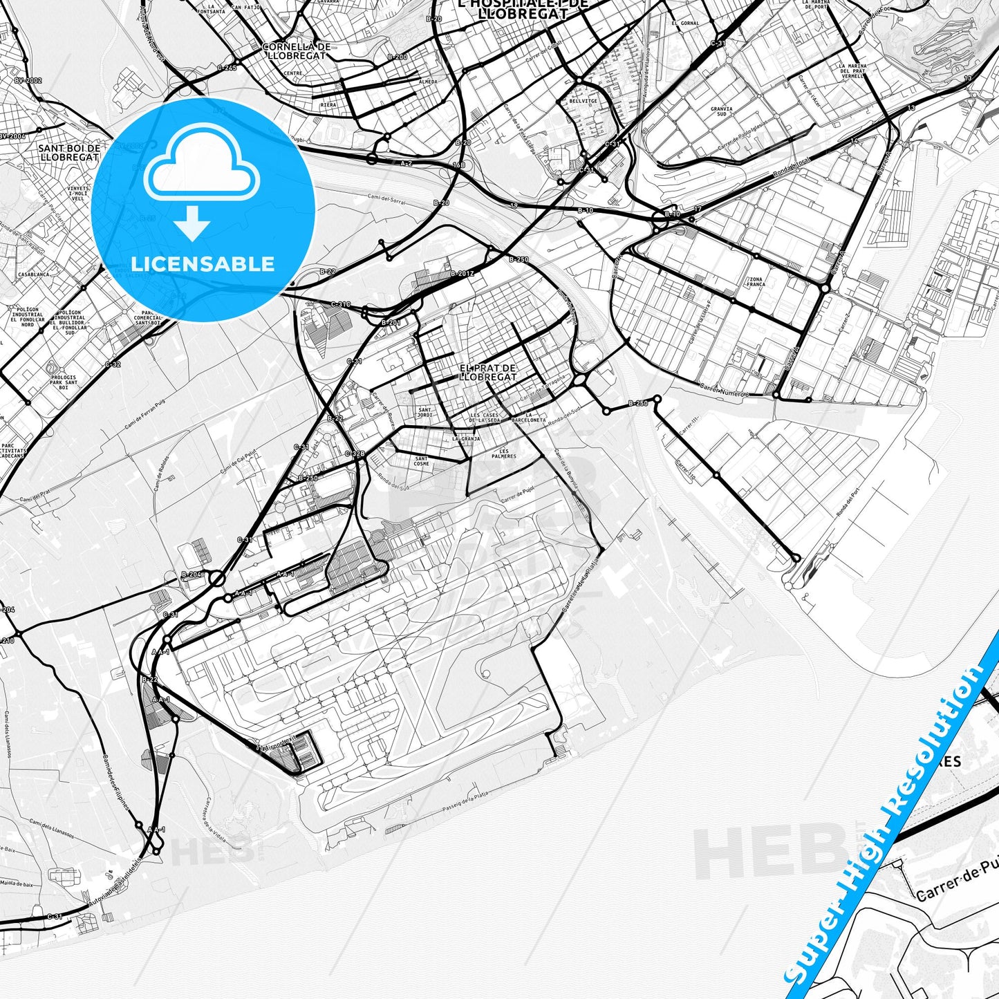 El Prat de Llobregat, Spain Light Map with Street Names, City Names, and Districts