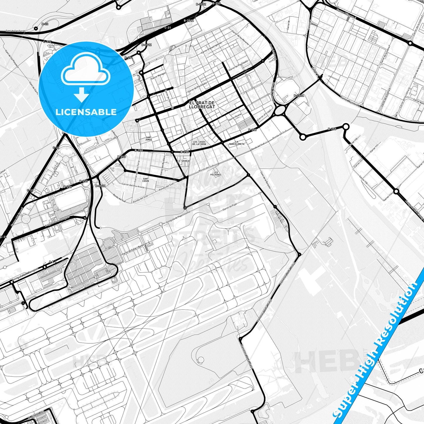 El Prat de Llobregat, Spain Light Map with Street Names, City Names, and Districts