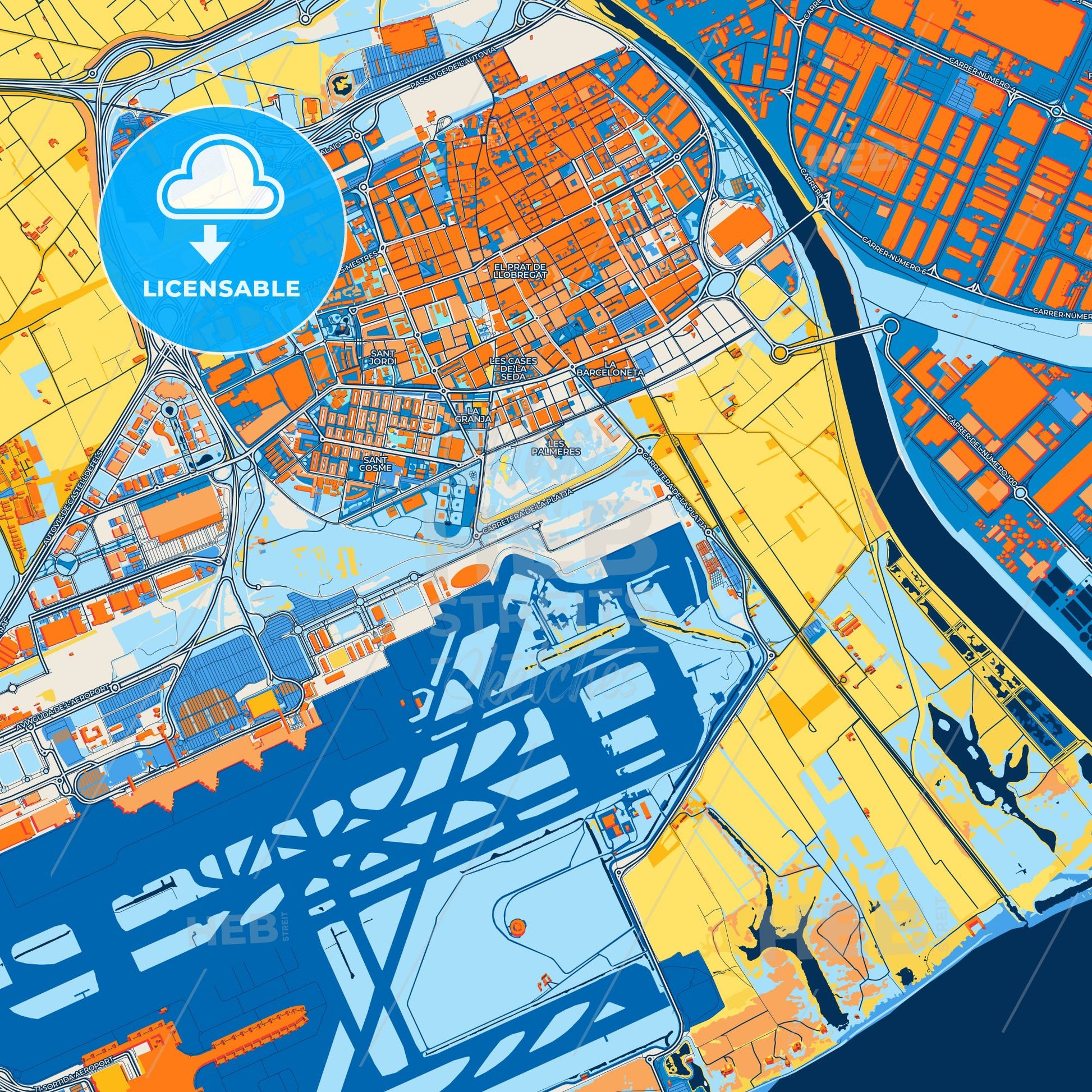 Colorful El Prat de Llobregat Street Map with Labels and Buildings