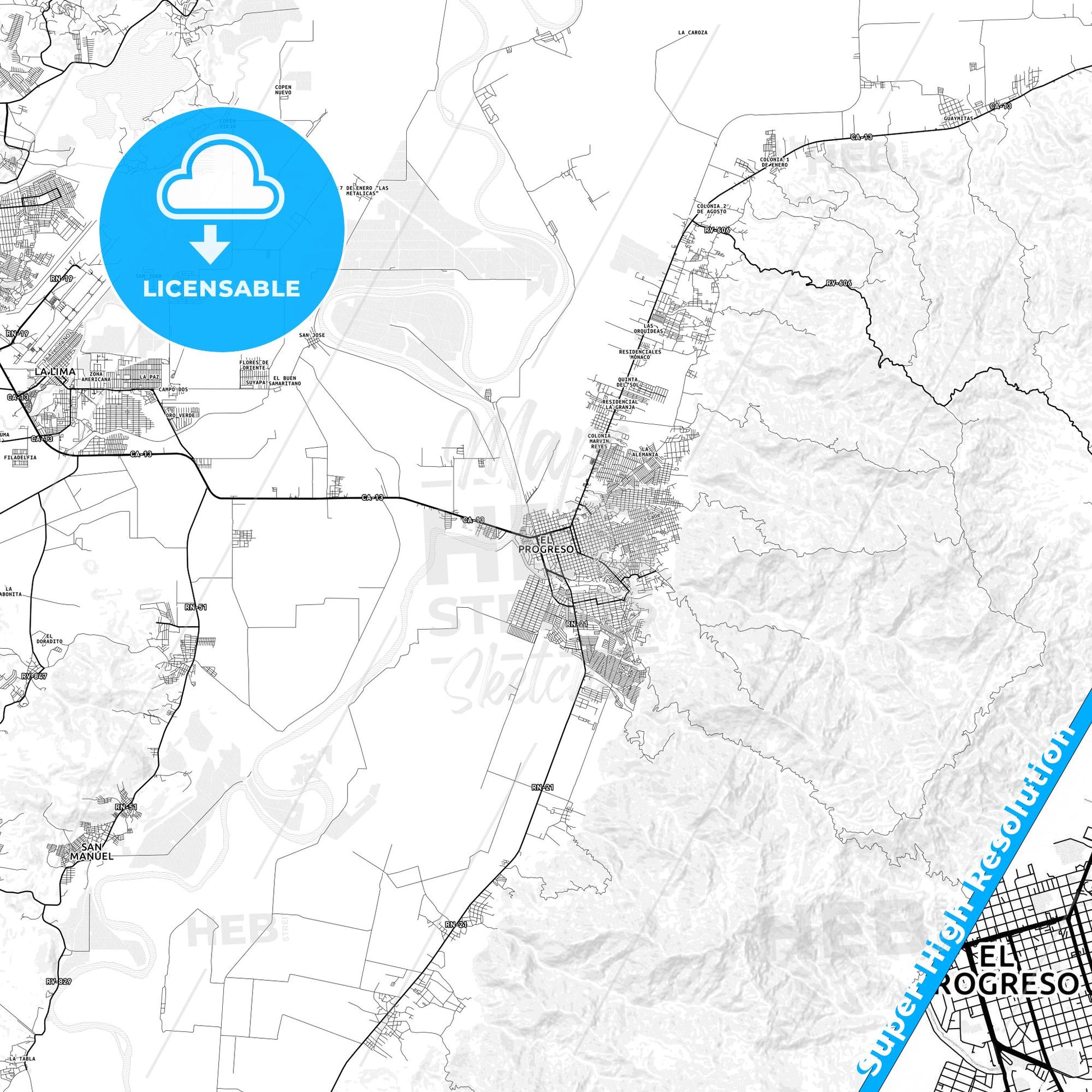 El Progreso, Honduras light map with streetnames, citynames and districts