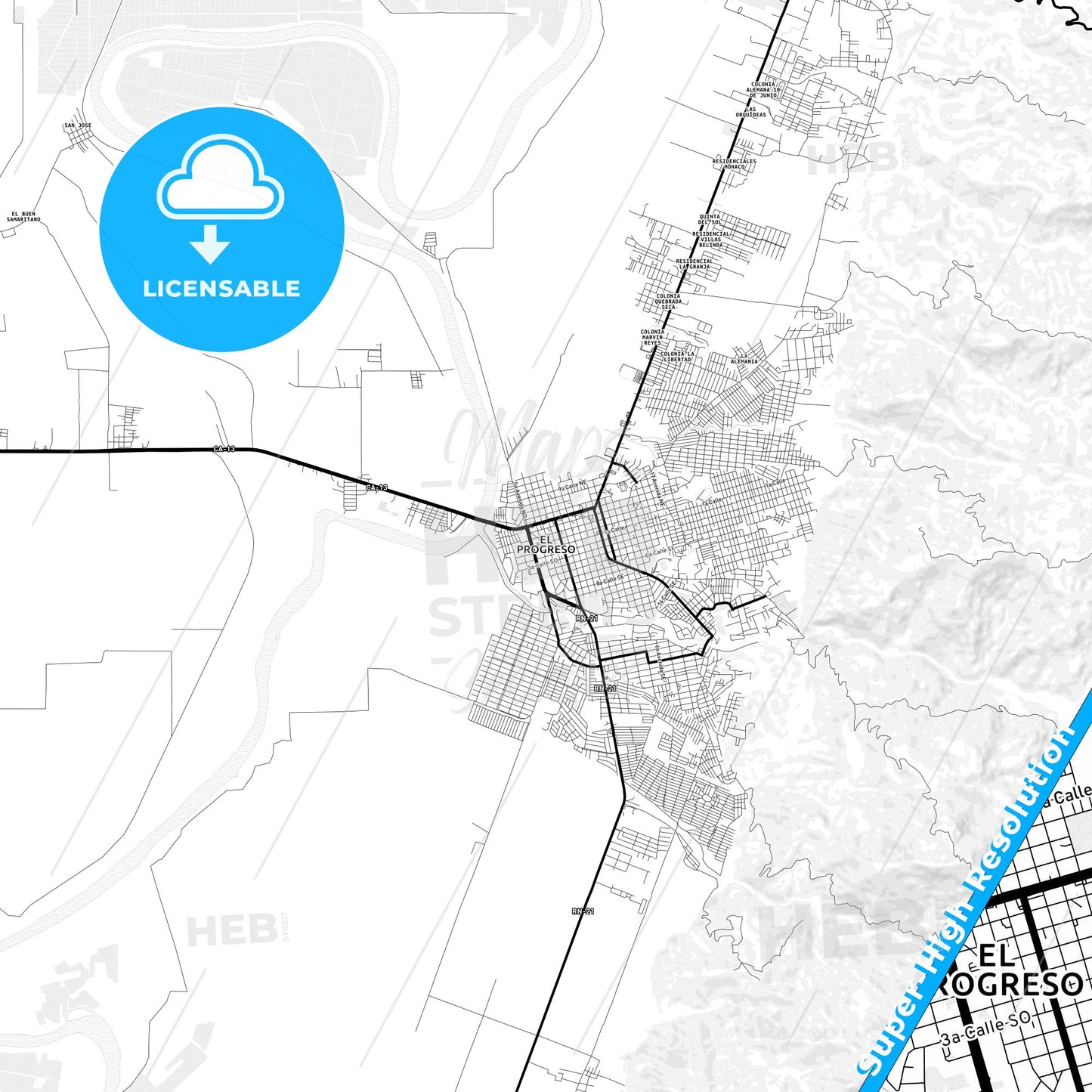 El Progreso, Honduras Light Map with Street Names, City Names, and Districts
