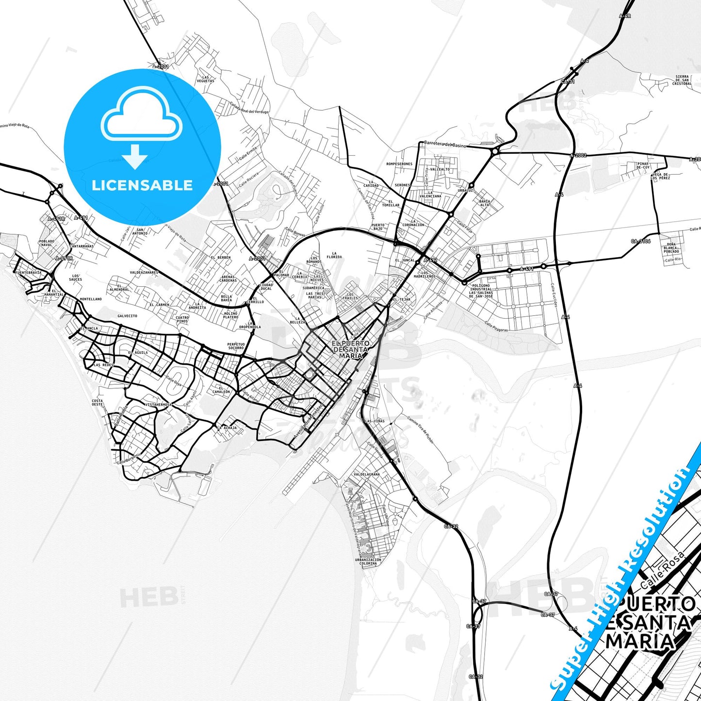 El Puerto de Santa María, Spain Light Map with Street Names, City Names, and Districts