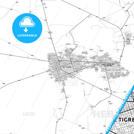 El Tigre, Venezuela light map with streetnames, citynames and districts