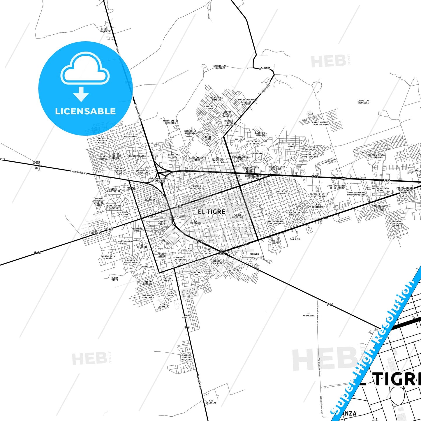 El Tigre, Venezuela Light Map with Street Names, City Names, and Districts