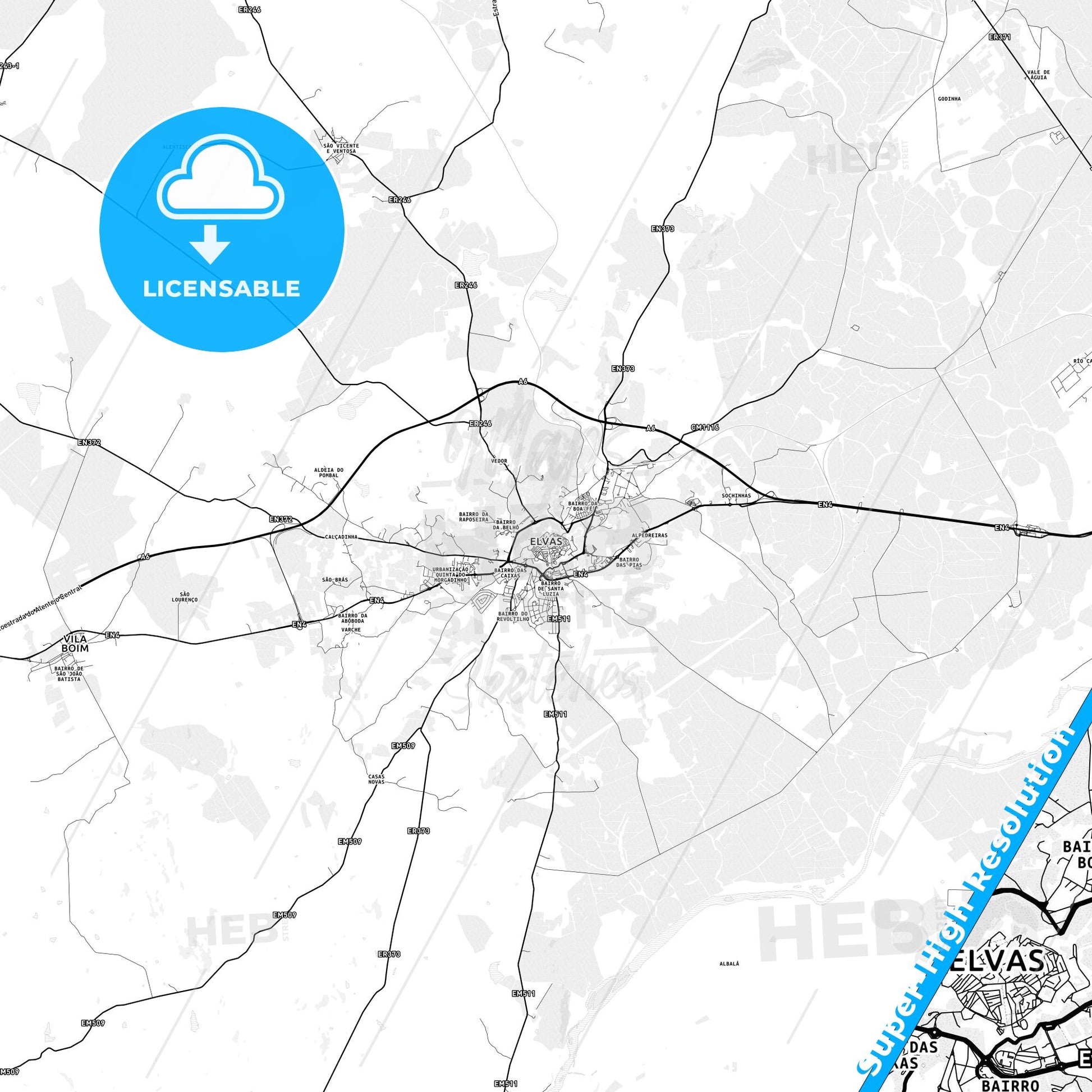 Elvas, Portugal light map with streetnames, citynames and districts