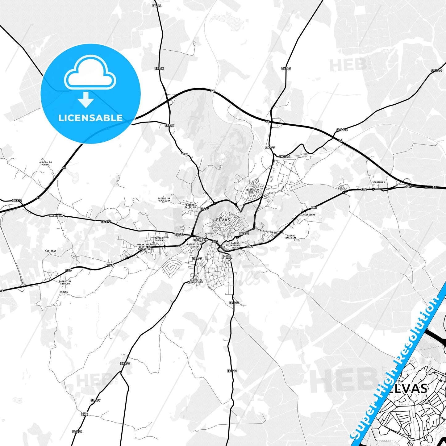 Elvas, Portugal Light Map with Street Names, City Names, and Districts