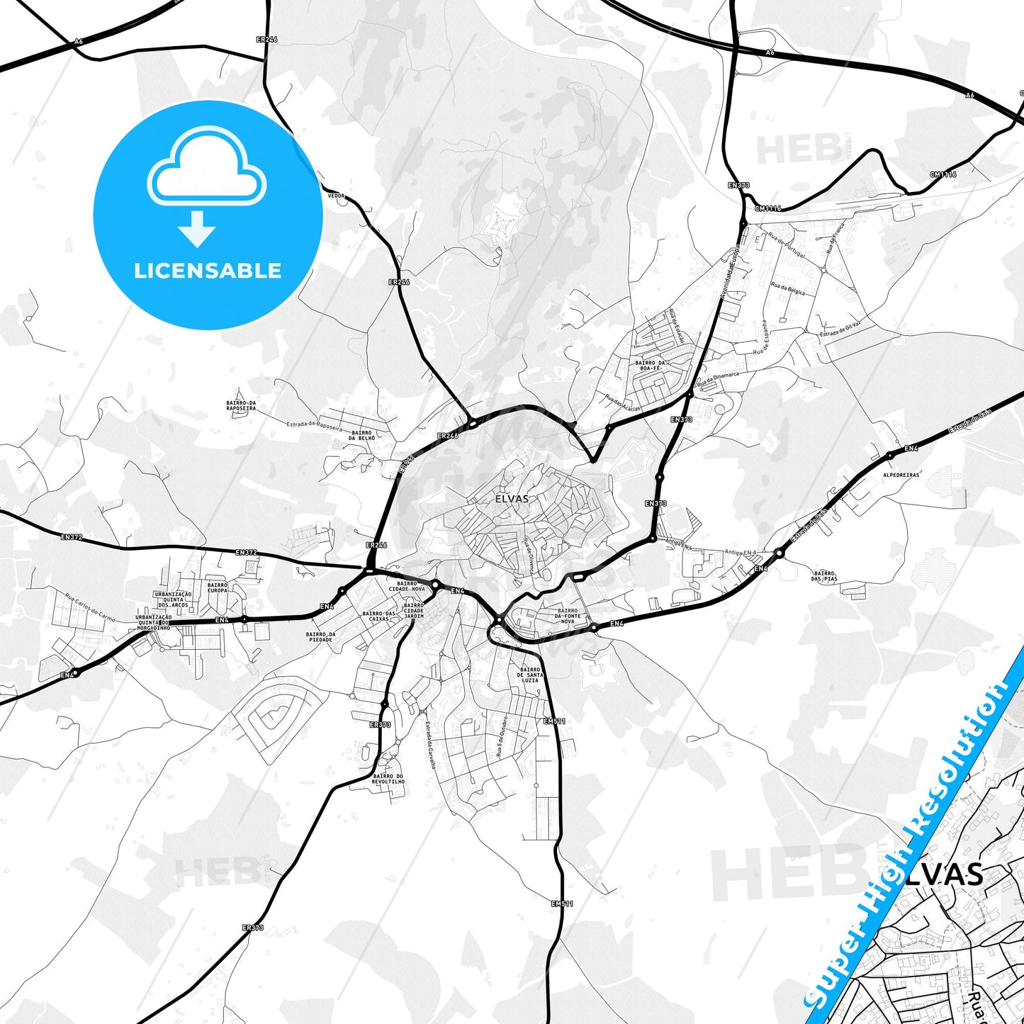 Elvas, Portugal Light Map with Street Names, City Names, and Districts