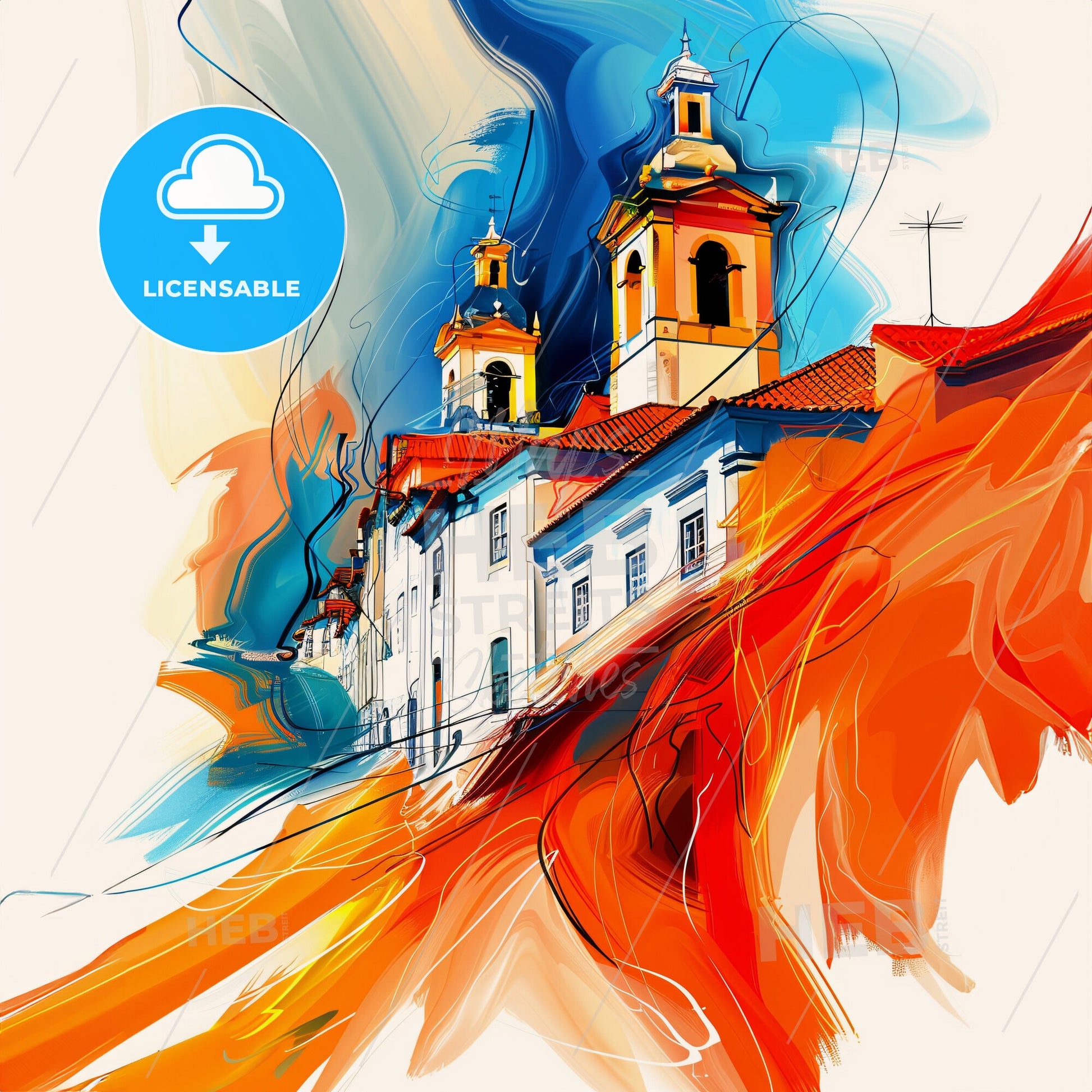 Vibrant Elvas, Portugal - A Painting Of A Building With A Steeple