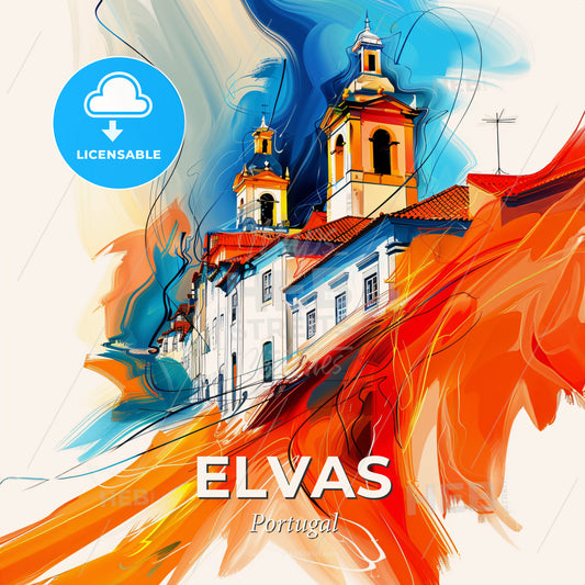 Vibrant Elvas, Portugal - A Painting Of A Building With A Steeple - Square format print template