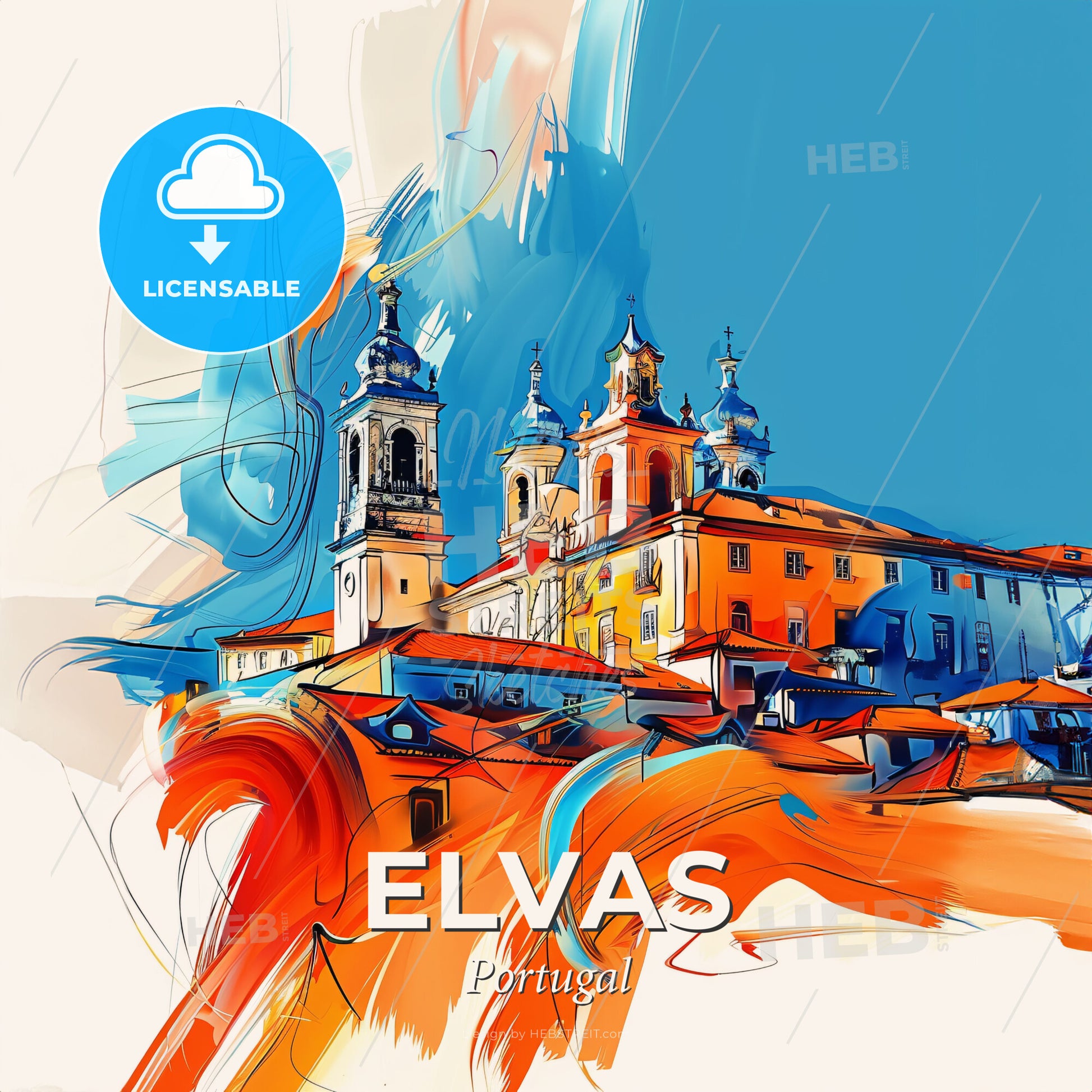 Vibrant Elvas, Portugal - A Painting Of A Building With Towers And A Blue Sky - Square format print template