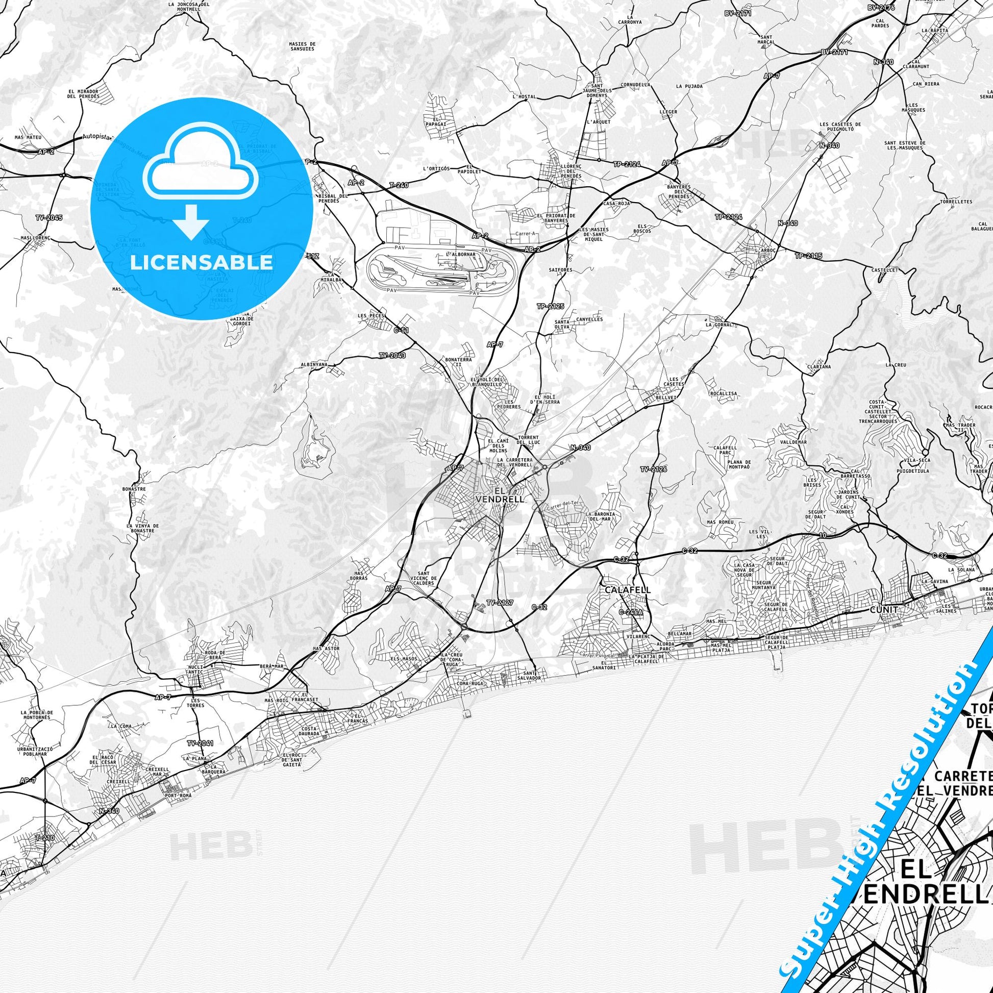 El Vendrell, Spain light map with streetnames, citynames and districts
