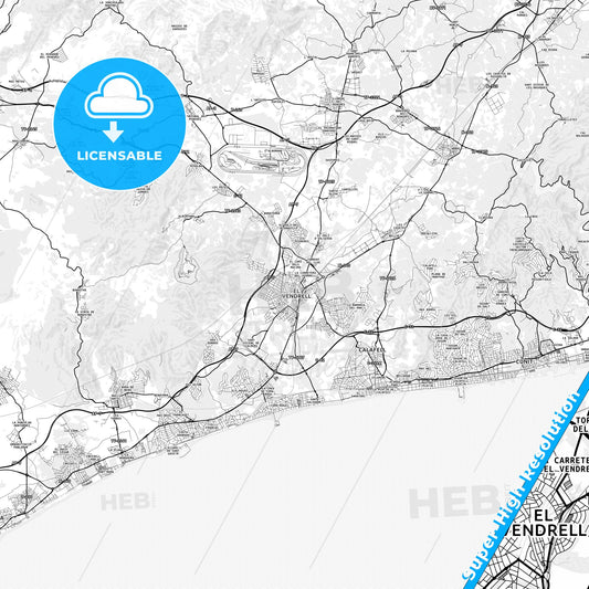 El Vendrell, Spain light map with streetnames, citynames and districts