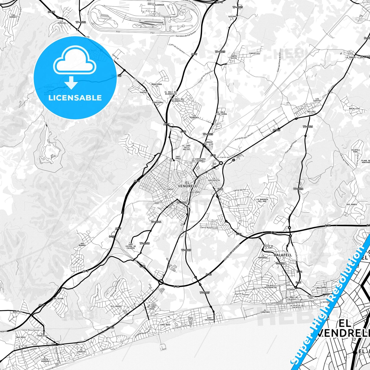 El Vendrell, Spain Light Map with Street Names, City Names, and Districts