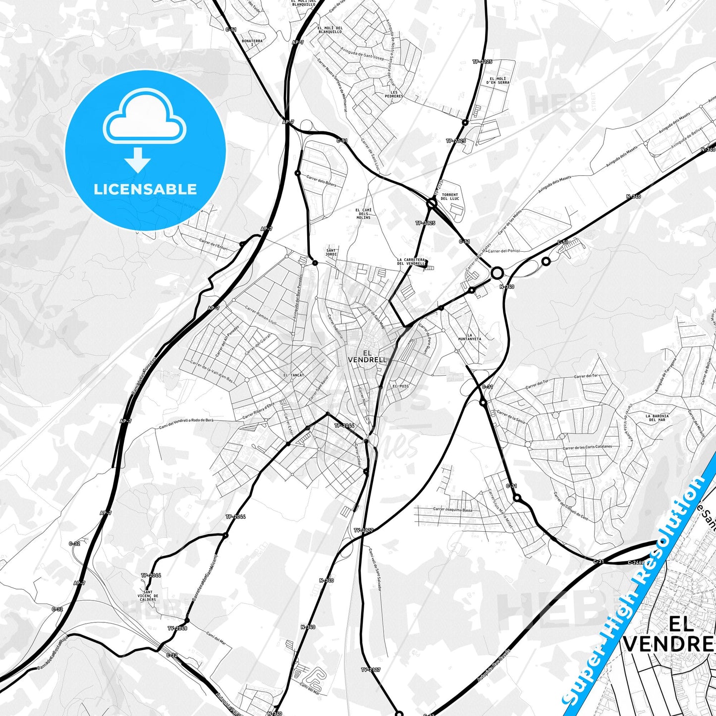 El Vendrell, Spain Light Map with Street Names, City Names, and Districts