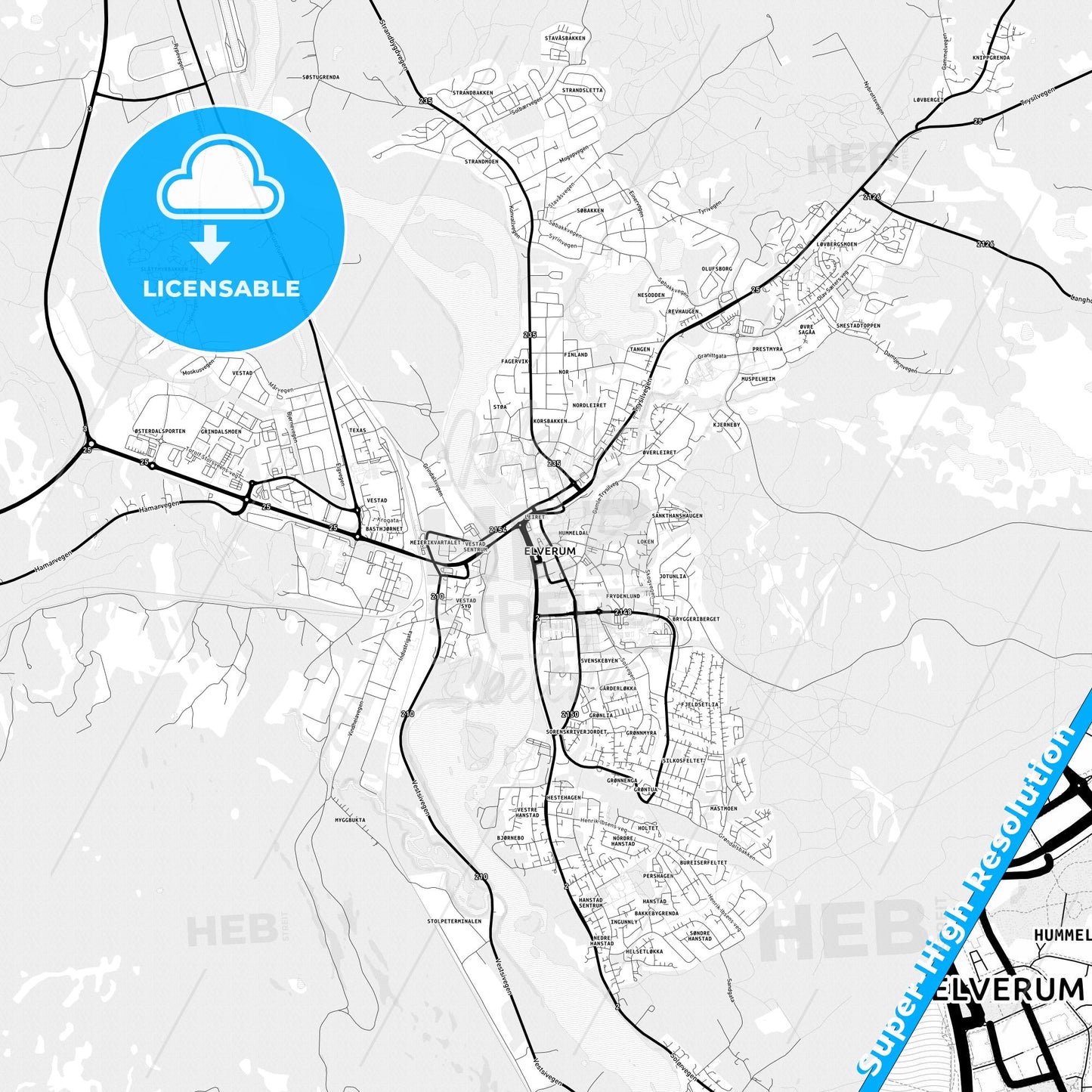 Elverum, Norway Light Map with Street Names, City Names, and Districts