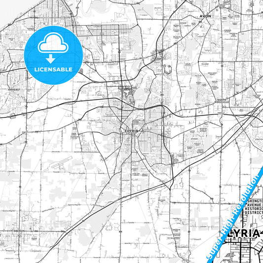 Elyria, Ohio light map with streetnames, citynames and districts