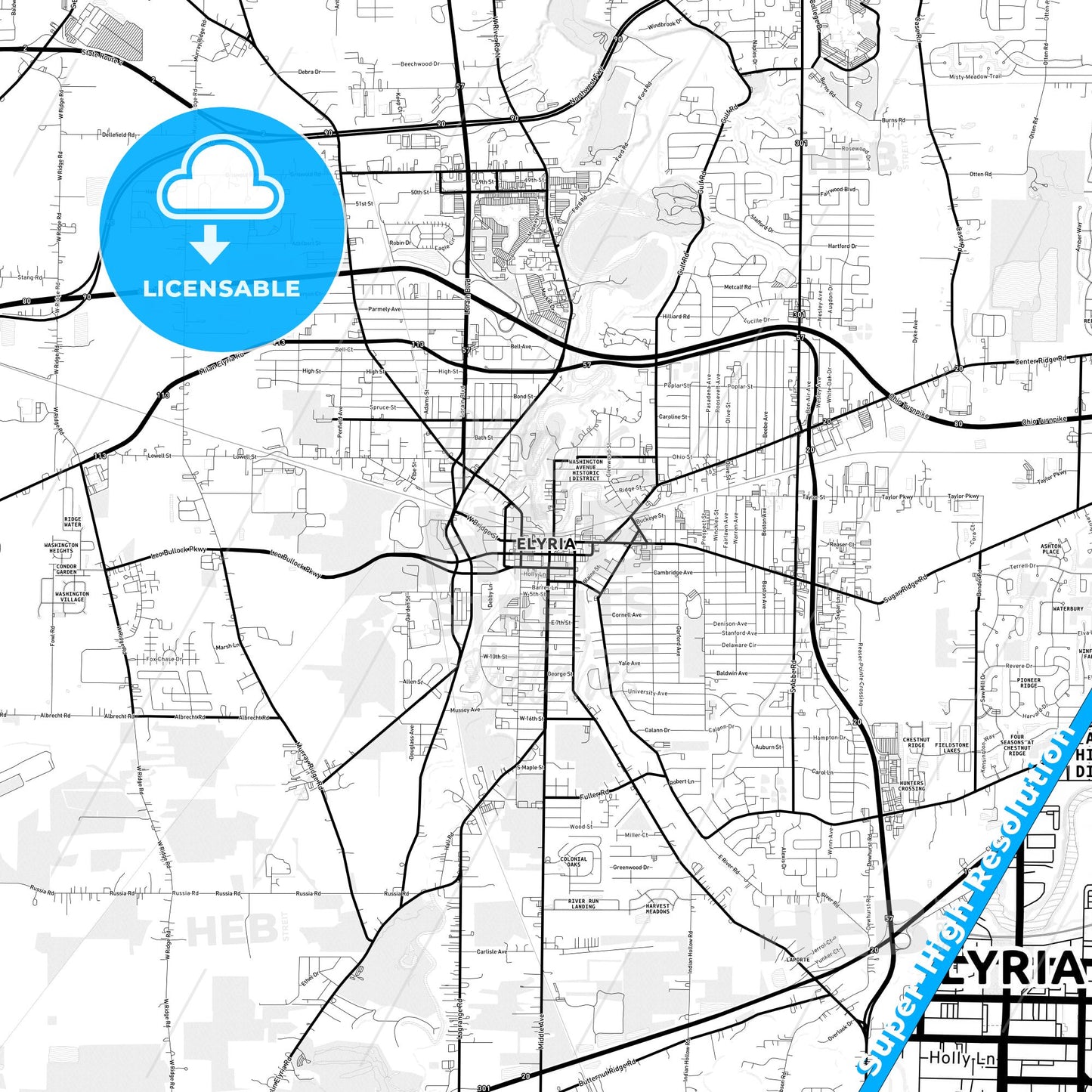 Elyria, Ohio Light Map with Street Names, City Names, and Districts